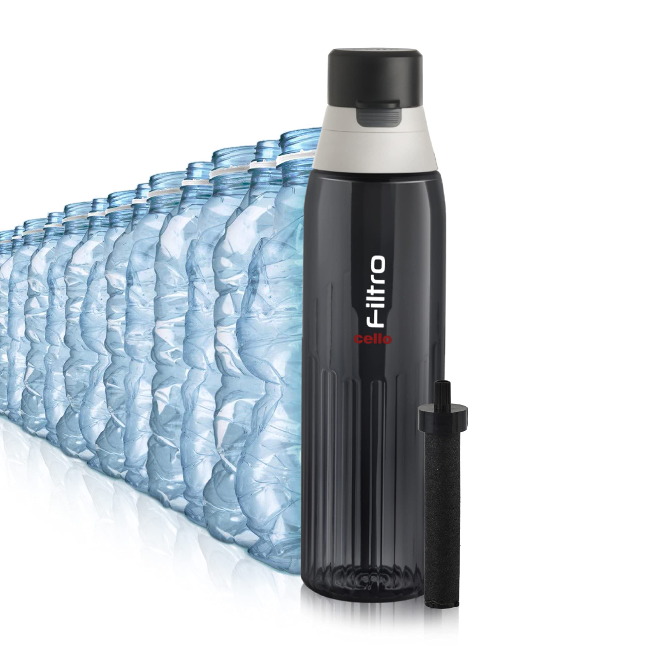 Cello Filtro Premium Filter Water Bottle with With Activated Carbon Filter for Camping, Hiking & Travel, 1000ml, Black