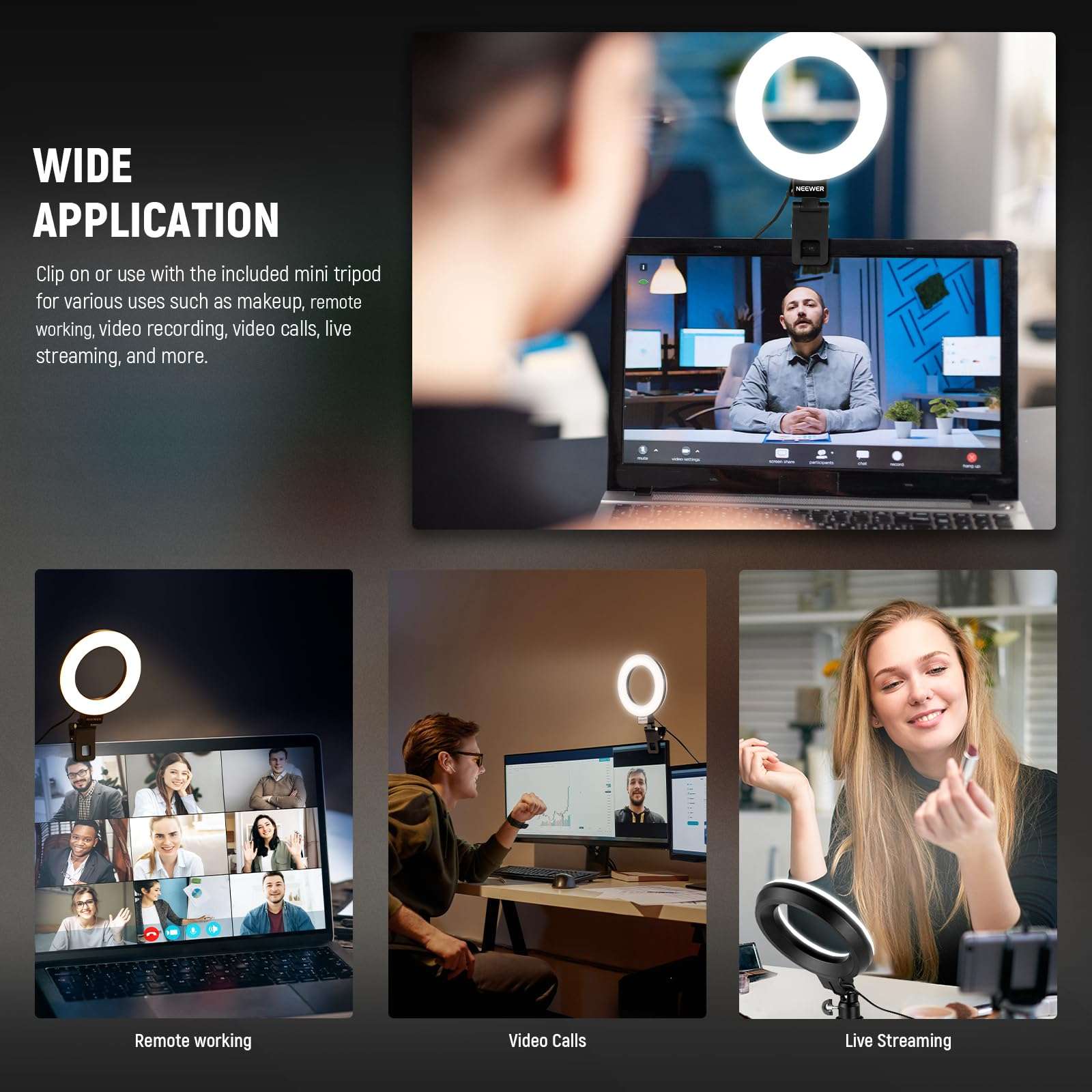 NEEWER BR60 Basic 5" Ring Light with Clip & Tripod, 10W Dimmable Clip on Light for Laptop Computer Monitor Conference Vlog Live Streaming Video Recording, UA056 30" Articulating Magic Arm Included 4