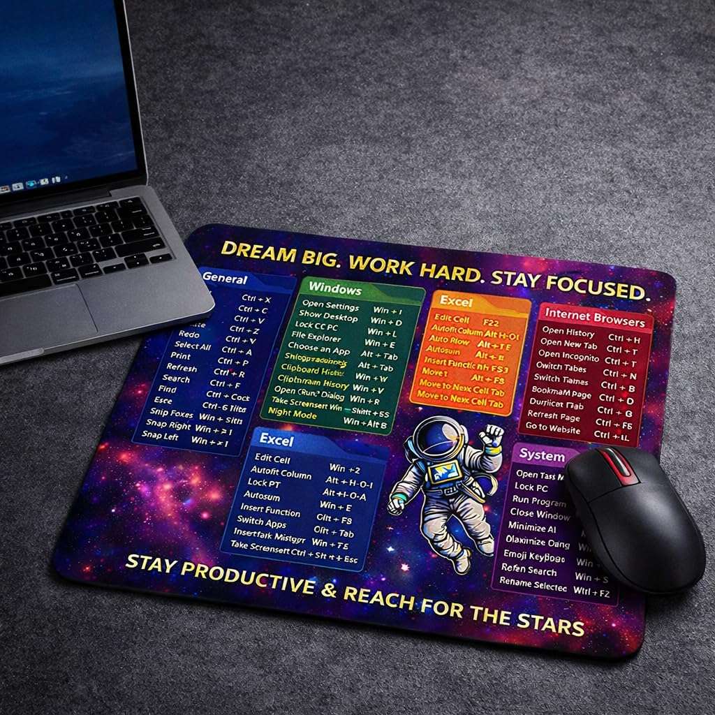 Computer Keyboard Shortcuts Mouse Pad, Galaxy Space Theme with Astronaut Design, Motivational Productivity Reference Guide for Windows Excel and Internet Browsers, Non-Slip Rubber Base, 3mm Thick 5
