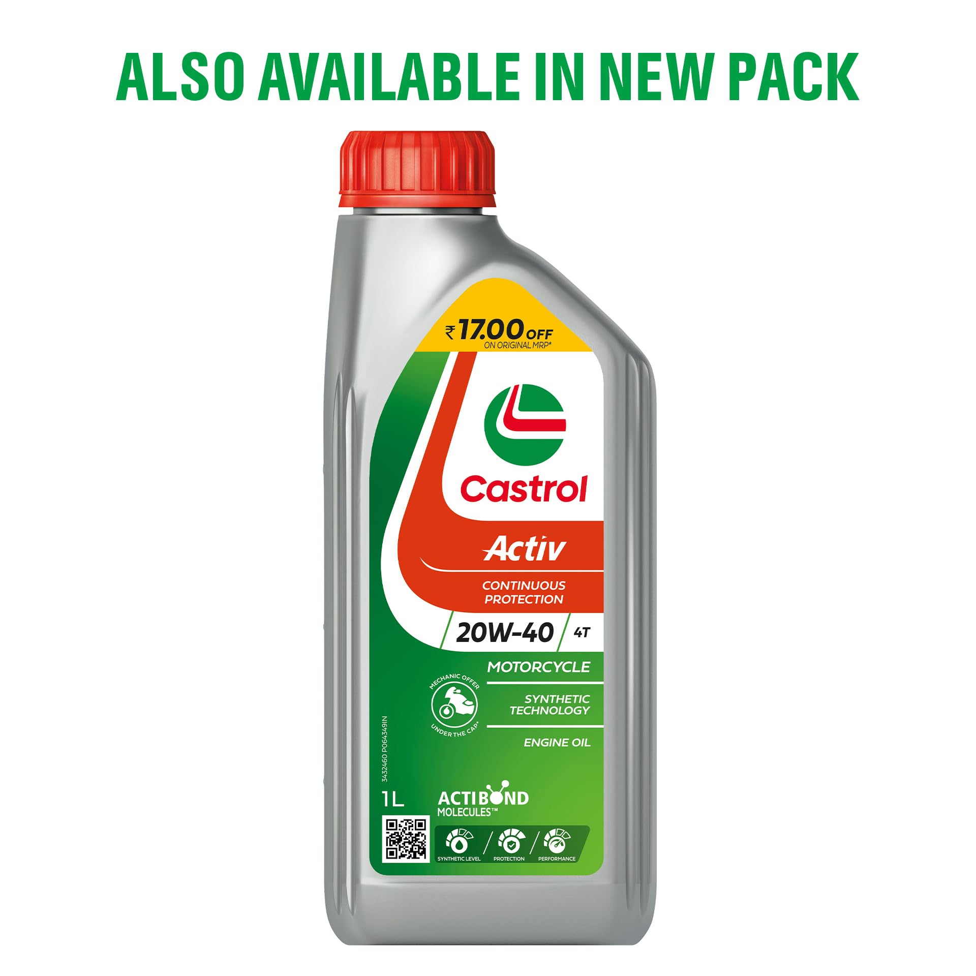 Castrol Activ 20W-40 4T Synthetic Engine Oil for Bikes 1L |3X Protection | with Actibond Technology | Engine Protection for Bikes | JASO MA2 2