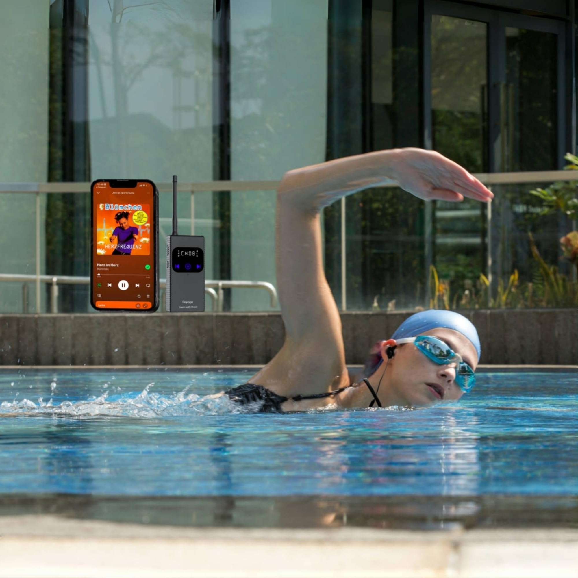 Swimming Headphones for Spotify, Audible, Swimming Coach Communicator,Tayogo Stream Music Combo,Wireless Transmitter,Waterproof in-Ear Headphones Receiver 4
