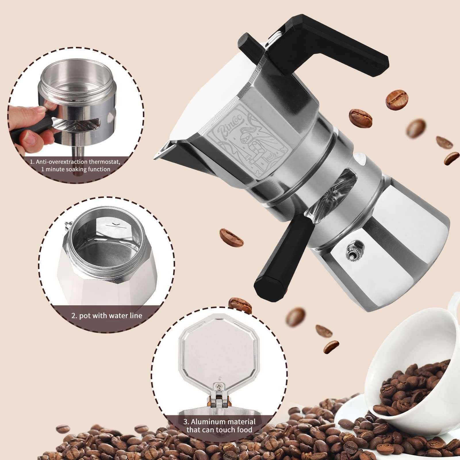Bincoo 120ML/2 Cup Stovetop Espresso Maker Double Valve Moka Pot with Thermostat Extractor,Italian Espresso Moka Pot with Powder Dispenser and Filter Paper for Home,Silver 3