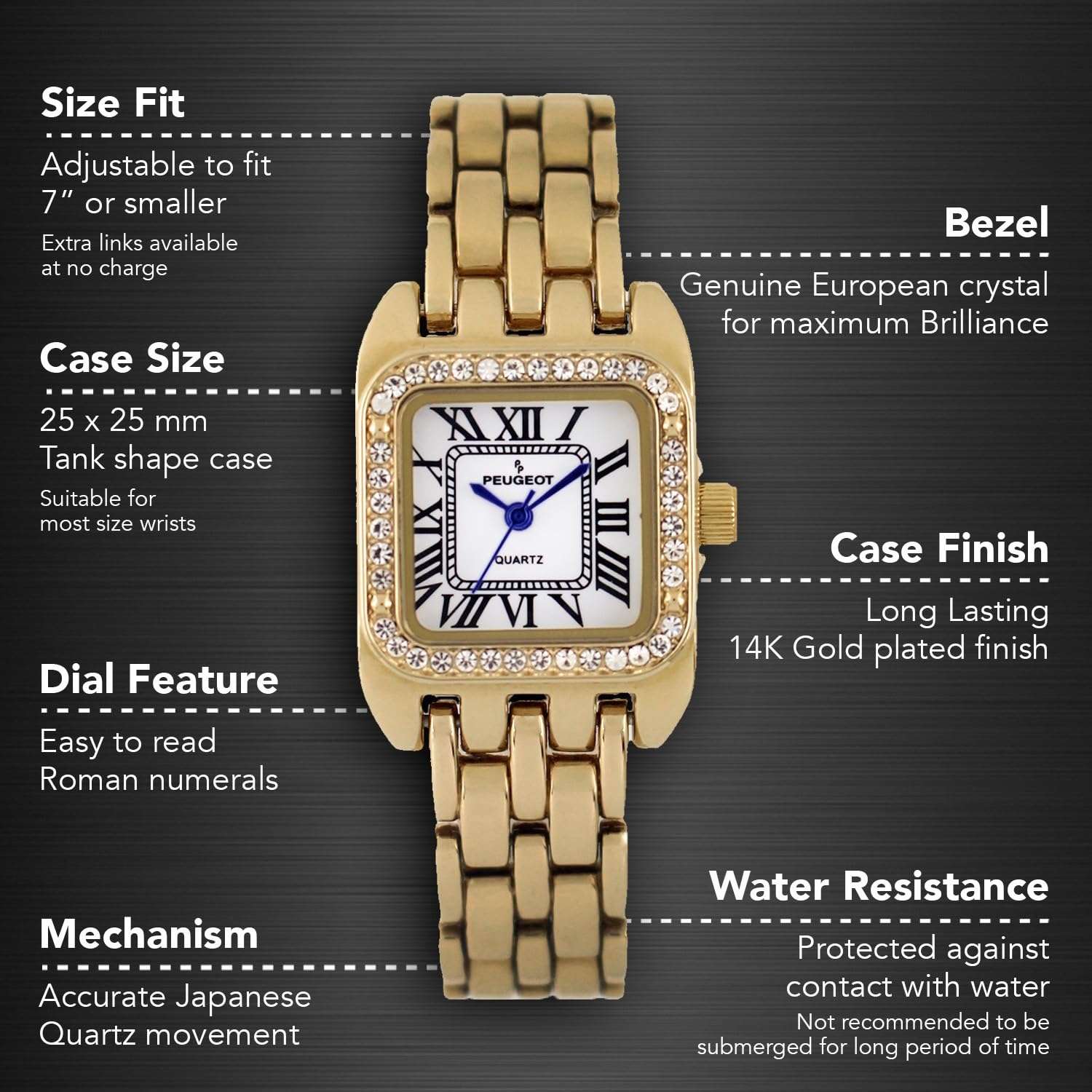 Peugeot Women's Tank Shape Watch with Panther Link Bracelet, Dress Watch with Crystal Bezel and Roman Numeral Dial 2