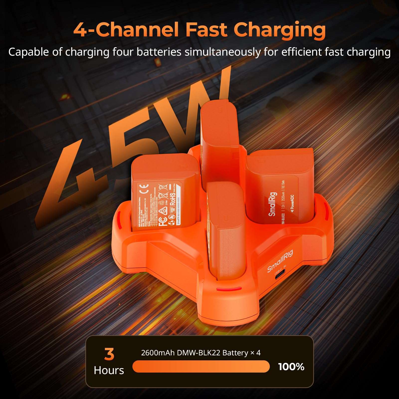 SMALLRIG DMW-BLK22 4-Channel Camera Battery Charger for Panasonic, 3H PD45W Fast Charging, LED Indicator, Full Compatible with Panasonic Lumix GH5, GH5II, GH6, GH7, S5, S5II, S5IIX, S9, G9II Battery 3