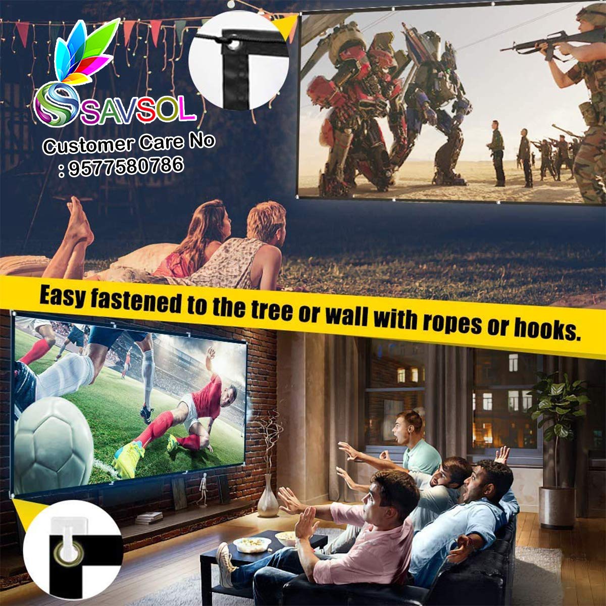 Savsol Projector Screen, Eyelet Screen (7 ft. (W) x 5 ft. (H) - 100" Inch) Diagonal Anti-Crease Projection Screen for Home Theater 4:03 Aspect Ratio 6