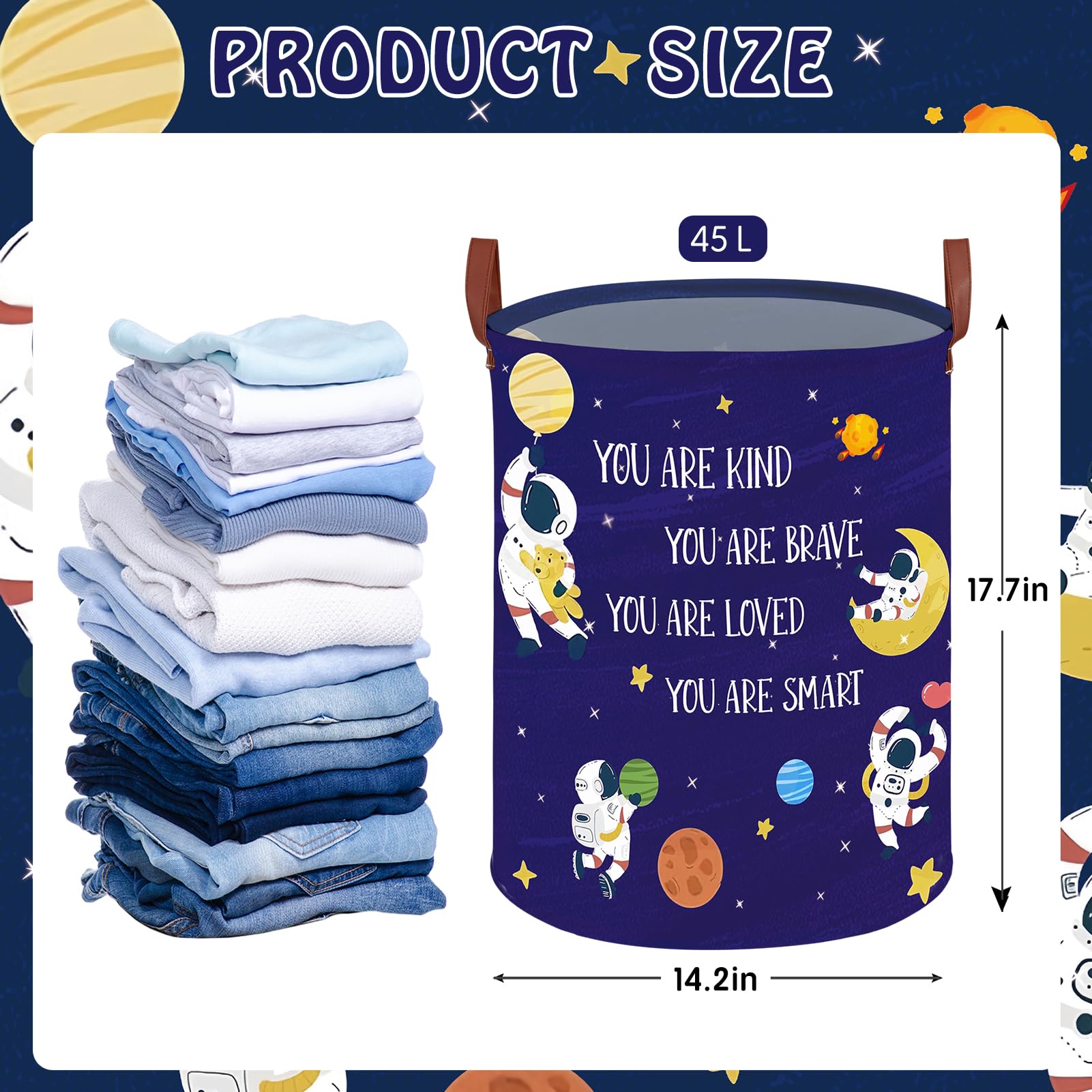 Space Room Decor Kid Storage Box,Boys Astronaut Planets Stars Kids Laundry Basket Organizer Toy Box Bin, Outer Space Blue Laundry Hamper for Baby Bedroom Classroom Nursery Round (Space-Astronaut) 4