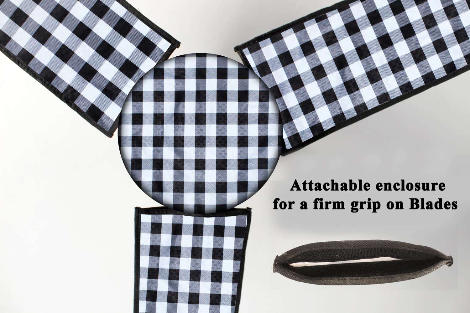 The Furnishing Tree Waterproof & Dustproof Three Blade Ceiling Fan Cover with Attachable End Enclosure Set of 3 Fan Covers Gingham Black & White 3