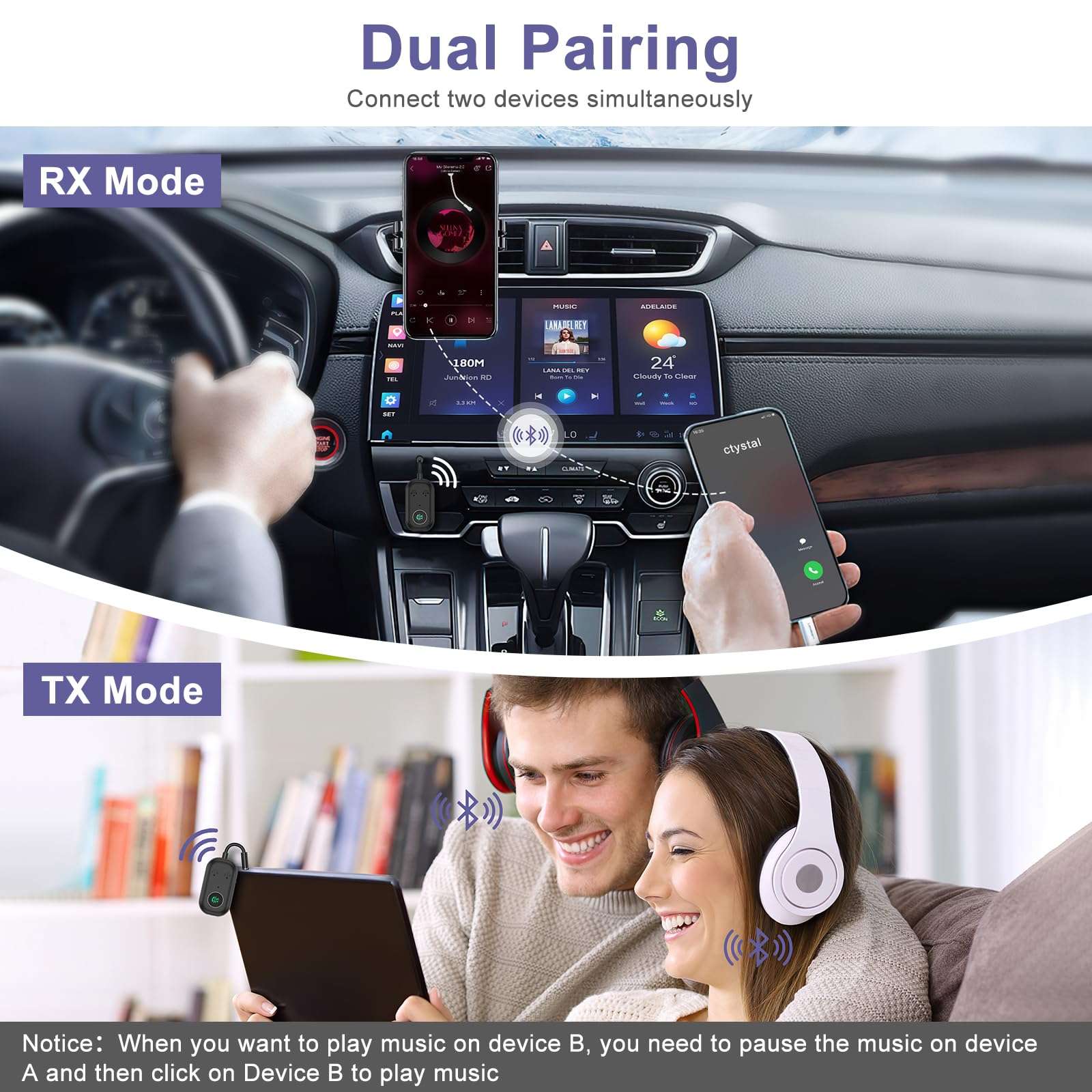 JXTZ Bluetooth Transmitter Receiver, 2-in-1 Dual Connect Bluetooth 5.3 Adapter for Headphones, 3.5mm Bluetooth Aux Adapter for Car, Plug and Play Wireless Audio Adapter for Airplane TV Speaker Gym 6