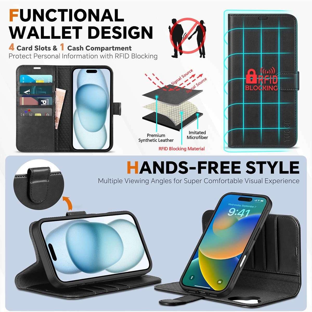 WHITBULL Royal Leather Detachable 2 in 1 Flip case Cover for iPhone 16 Plus/iPhone 16 Max Black 3