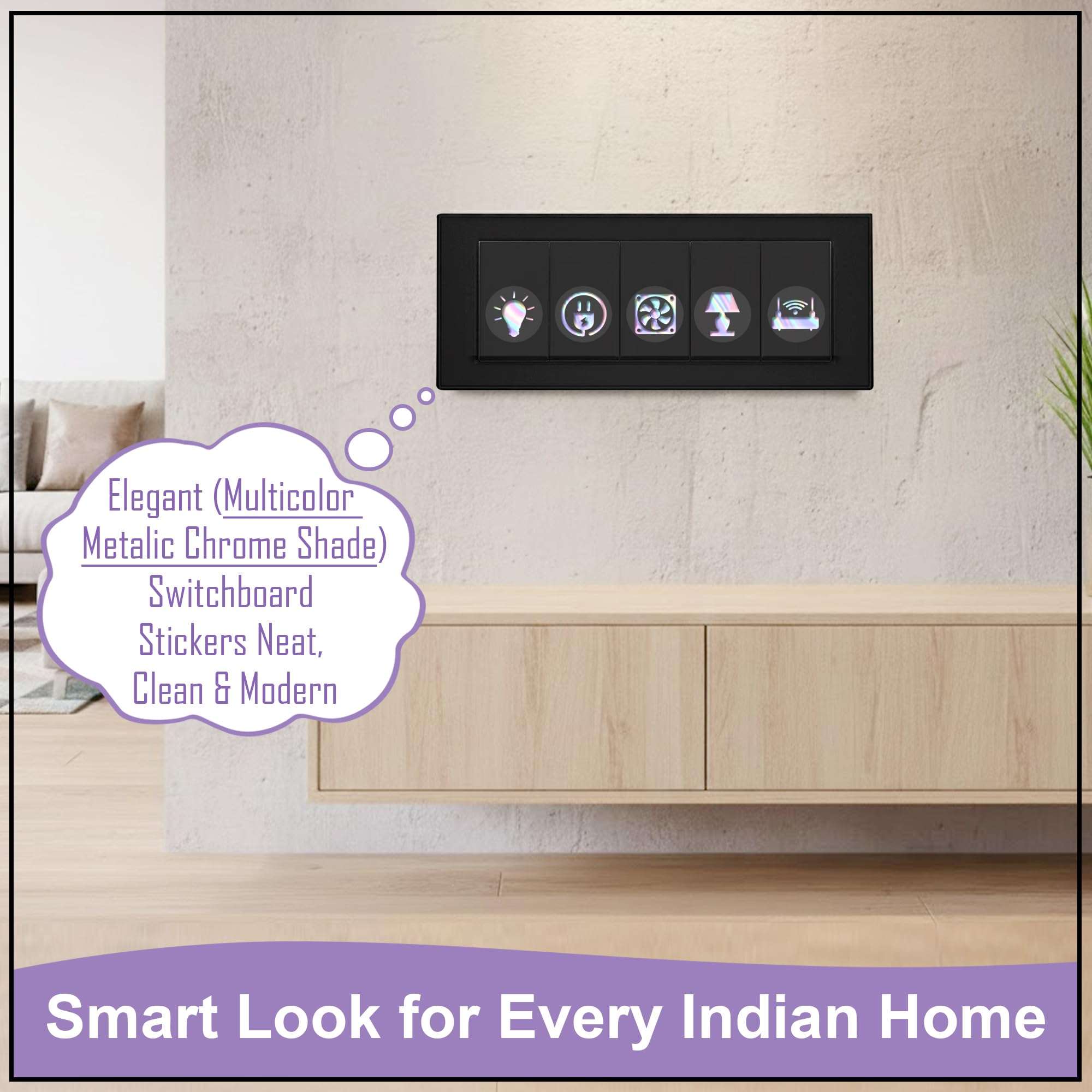 GLUN® 600 Switch Board Stickers with 60+ Icons, Prism Glow Effect Embossed Decorative Stickers for Home, Hotel, Office & School, Luxury Vinyl Self Adhesive Switch Covers for Fans & Appliances 5