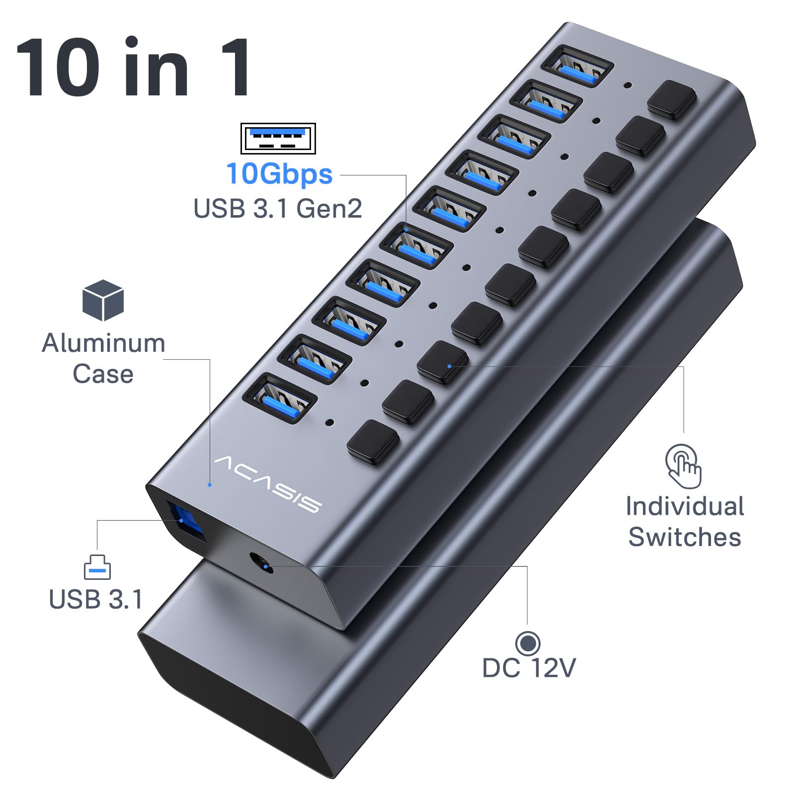 ACASIS 16&10 Ports USB 3.1 Hub Bundle with Powered USB 3.0 Hub, Include 26 * 10Gbps USB 3.1 A, 2*USB C 3.0+4 Smart Charging Port, 96W & 60& 48WPower Adapter, USB Hub for PC/Laptop, Computer 4