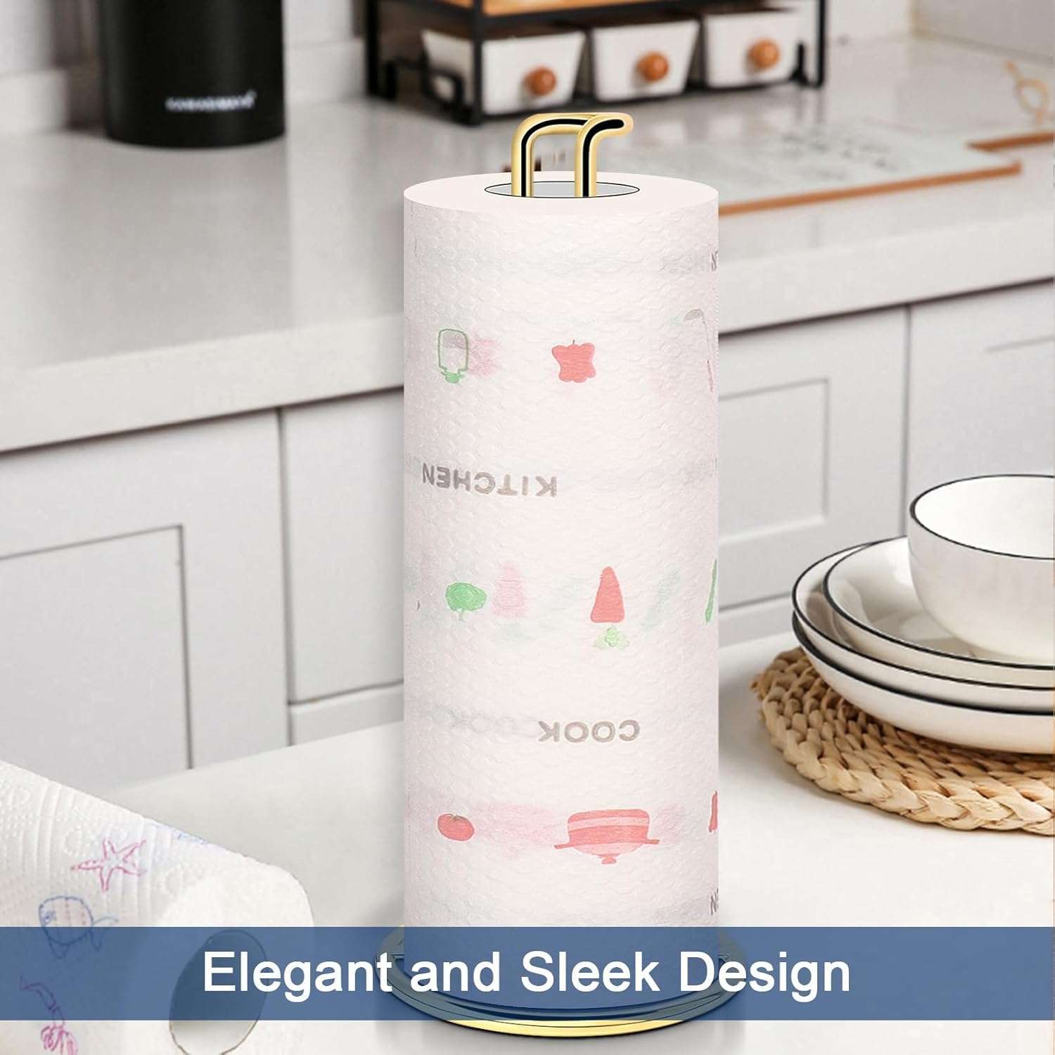 WOOD ART STORE Paper Towel Holder Countertop, Sturdy Paper Towel Stand Dispenser-All Metal, Standard Size for Table Countertop, Farmhouse, Living Room (Golden Finish) 3