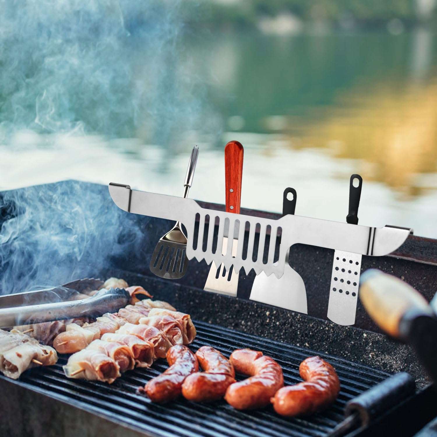 Griddle Spatula Holder for Blackstone Griddle, 11.81x2.36x0.79in Magnetic Design Stainless Steel Grease Grilling Grease Block Grease Gate Spatula Holder Barbecue Griddle Accessories Tool(Silver) 5