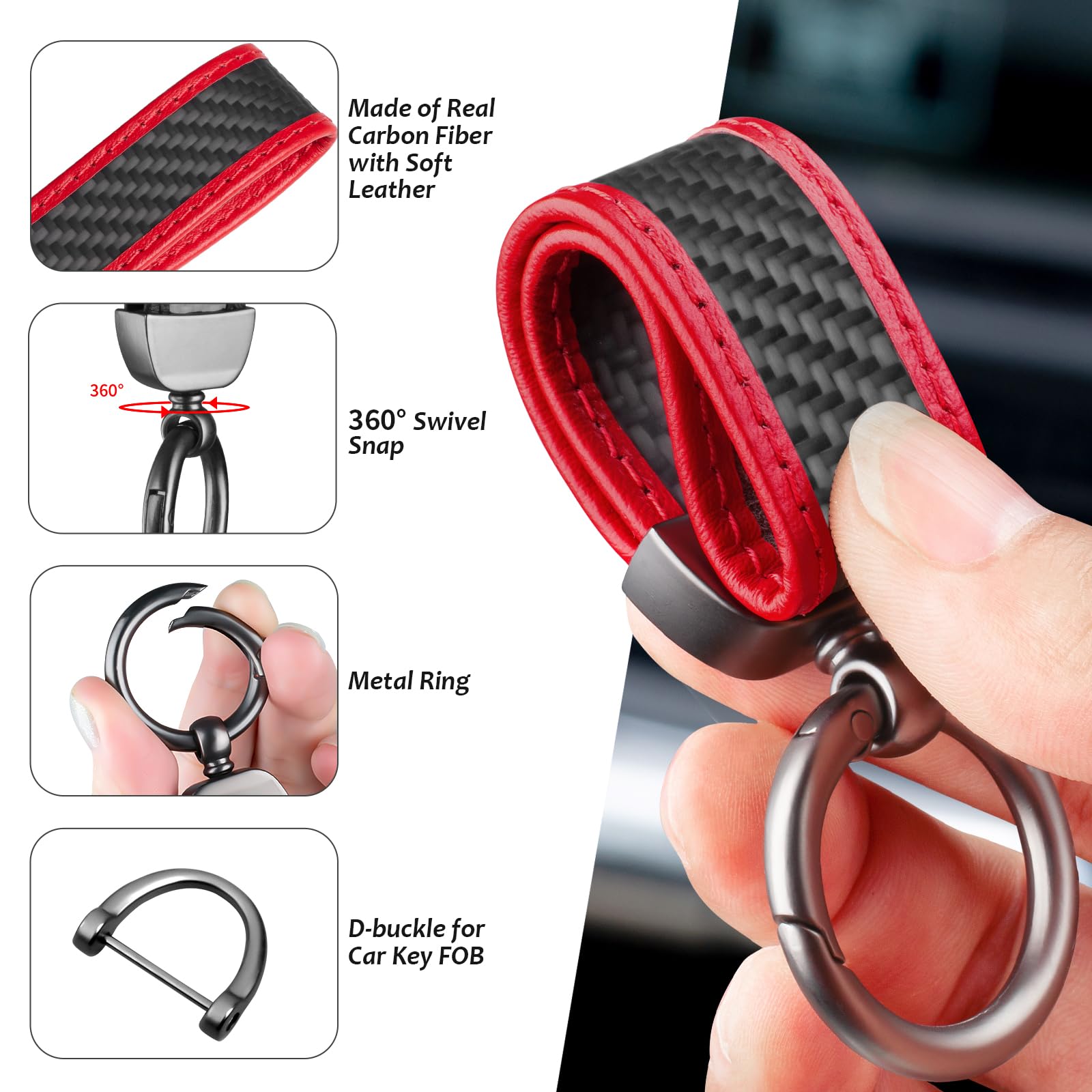Real Carbon Fiber Car Keychain,Minimalist Leather Edges,Car Key Fob Chain Holder,Car Key Fob Keychains Replacement,Keychains for Men Women,Car Key Accessories,RED 4