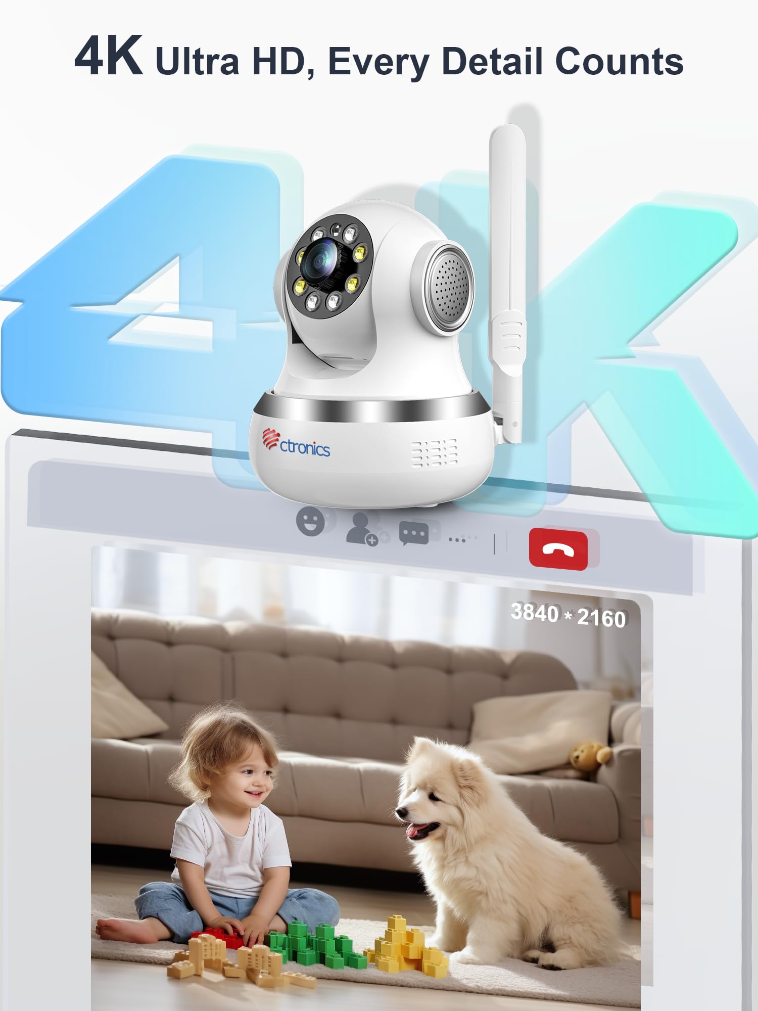Ctronics 4K Security Camera Indoor, Dual-Band Wi-Fi, AI Human/Pet Detection with Auto Tracking, 20m Full-Color Night Vision, Sound & Light Alarm, 8 Preset Positions, App & PC 3