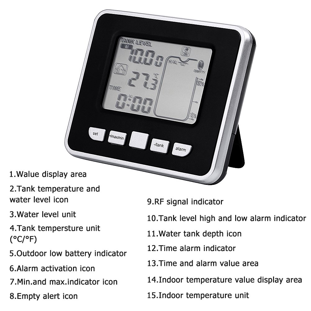 Wireless Tank Level Monitor Water Tank Level Sensor Ultrasonic Water Tank Liquid Depth Level Meter Sensor Temperature Display Water Tank Level Temperature Sensor Water Level Indicator Measuring Meter 2