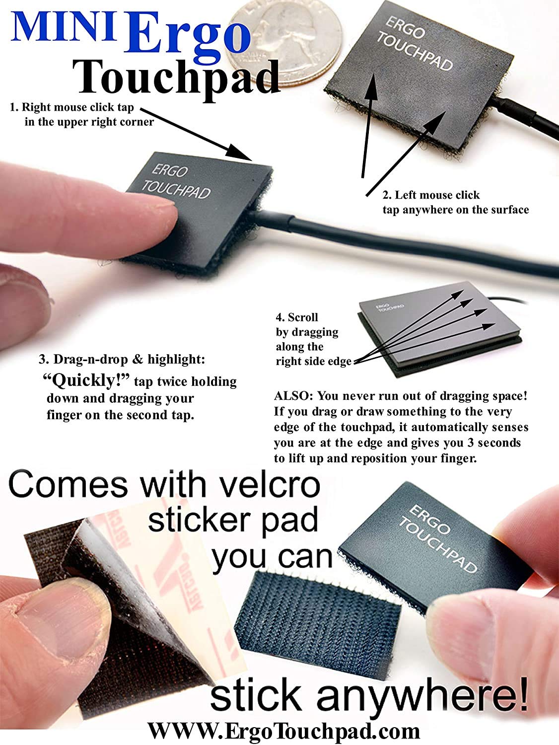 Mini USB Computer Touchpad, Trackpad, Mouse, Wired, 1.1 x 1.3 inches Ergo Touchpad ETP001MTPUSB 4