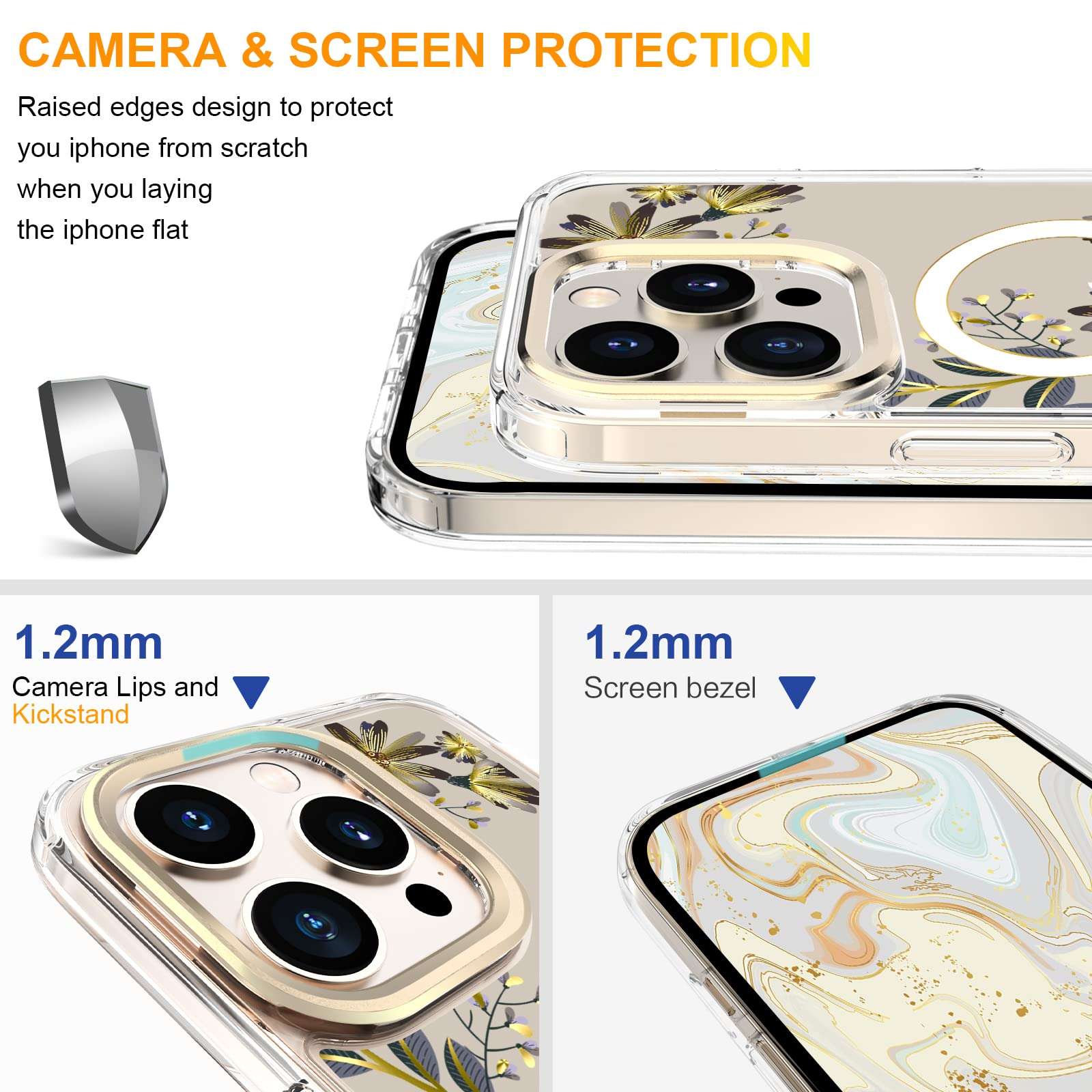 Youica Designed for iPhone 14 Pro Case for Women Girls[Kickstand][Clear Cute Glitter Slim Glod Flower Protective Cover][Military Grade Protection][Shockproof Anti-Scratch] Floral Phone Case 6.1" 6