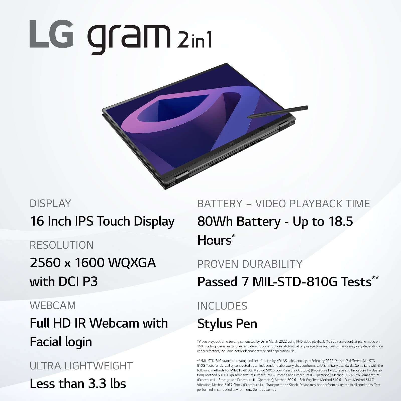 LG gram (2022) 16T90Q 2-in-1 Tablet Laptop, 16" (2560 x 1600) IPS Display, Intel Evo 12th Gen i7 1260P Processor, 16GB LPDDR5, 2TB NVMe SSD, FHD Webcam, WiFi 6E, Thunderbolt 4, Windows 11, Black 2