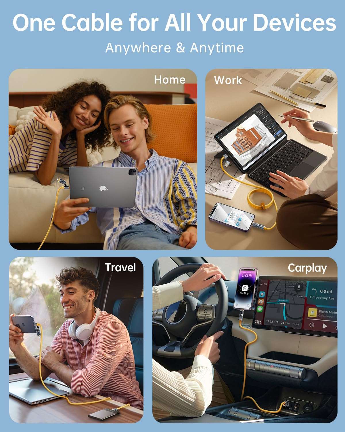 Vexipia Newly Upgrade 100W 5FT USB C Cable, 4-in-1 USB C Lightning Cable [480Mbps Data Sync] iPhone iPad Charger Cord, Multi Charging Cable for iPhone 16/Pro/Plus/Pro Max,5ft Yellow (SHEZI Series) 6