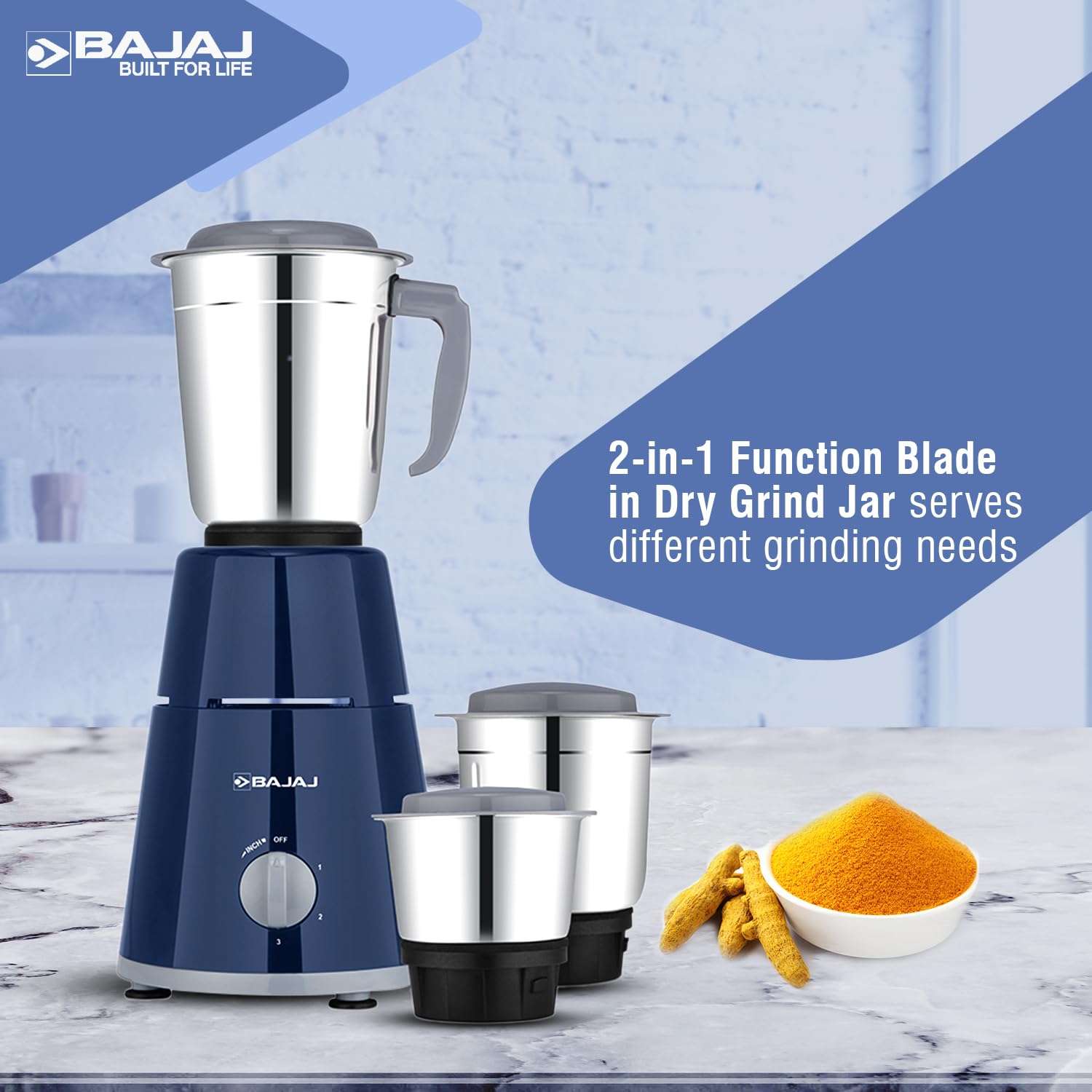 Bajaj GX1 Mixer Grinder 500W | Superior Mixie For Kitchen | 2-In-1 For Dry Grinding | Blade Function With Titan Motor | 3 Stainless Steel Mixer Jars | 1 Year Product Warranty By Bajaj 【Blue】 3