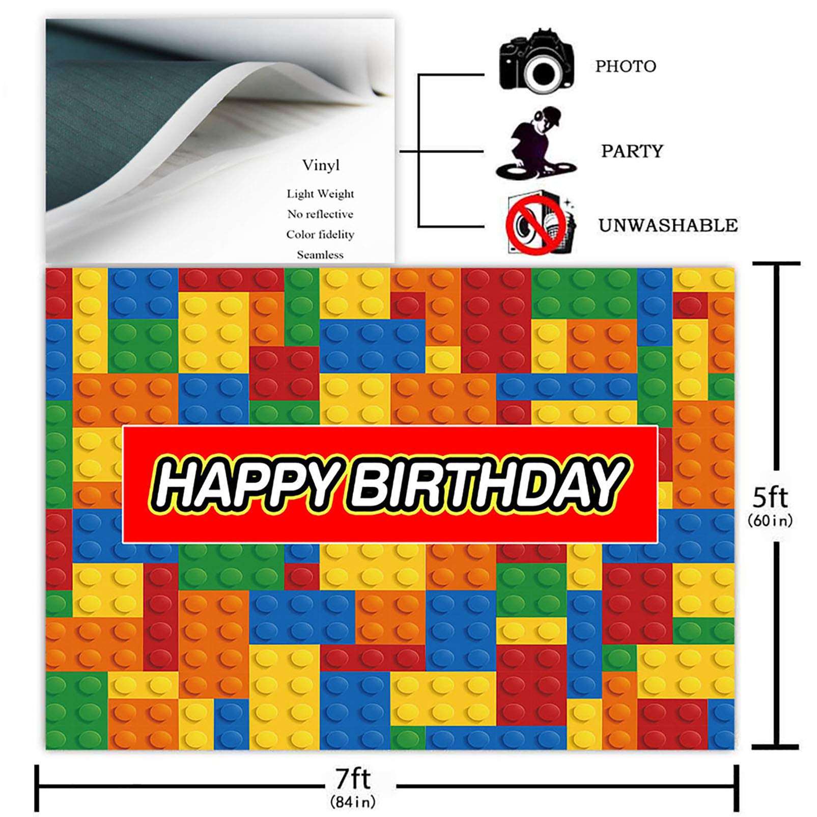 COMOPHOTO 7x5ft Building Blocks Birthday Party Backdrop Boy Girl Baby Child Birthday Cake Table Banner Colorful Decorations Photo Booth Background Supplies 2
