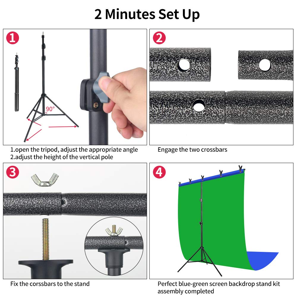 JEBUTU Blue Green Screen Backdrop with Stand, 6.5x5ft(HxW) Green Screen Stand, Portable 2-in-1 Blue Greenscreen Background with T-Shape Backdrop Stand, Clips & Carry Bag for Streaming Zoom Photography 5