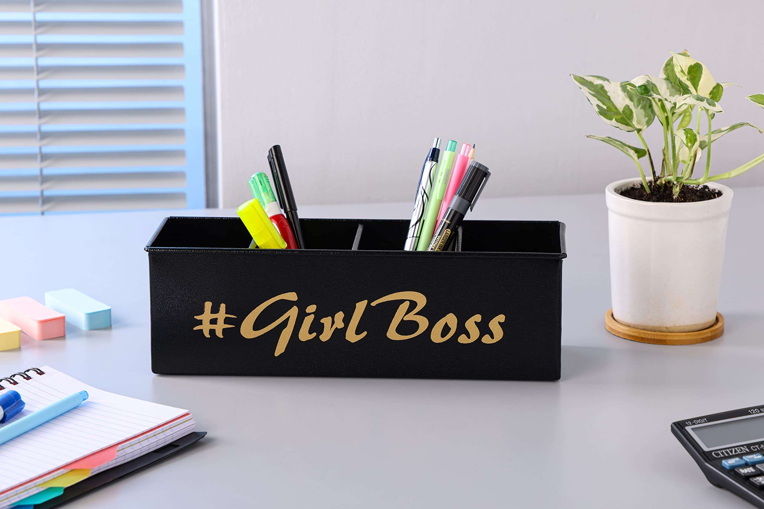 DUDKI HOME QUINTESSENTIALS 4 Compartments Pen Holder and Makeup Stand - Gift Office Desk Accessories Décor Storage Multi-functional Pen Organizer for Countertop Desk 5