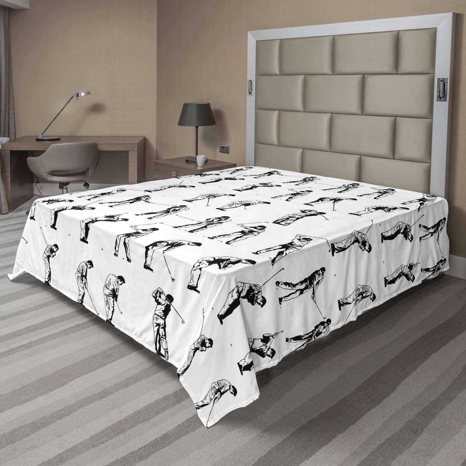 Ambesonne Golf Flat Sheet, Golf Swing Shown in 14 Stages Sports Hobby Themed Sketch Art Storyboard Print, Soft Comfortable Top Sheet Decorative Bedding 1 Piece, Queen Size, White Black 1