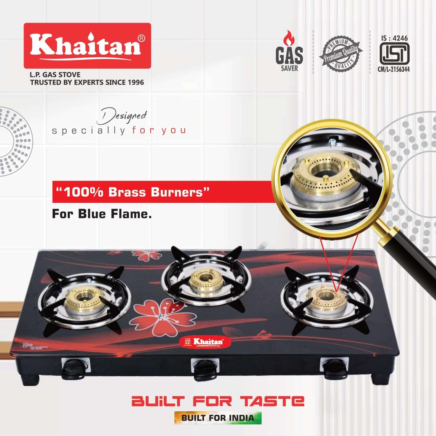 Khaitan 3 Burner Active Red with Brass Burners, Digital Toughened Glass, LPG Cooktop, Manual Ignition, Gas Stove, 1 Year Warranty, ISI Approved 4