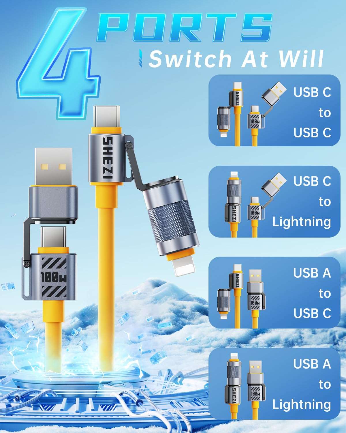 Vexipia Newly Upgrade 100W 5FT USB C Cable, 4-in-1 USB C Lightning Cable [480Mbps Data Sync] iPhone iPad Charger Cord, Multi Charging Cable for iPhone 16/Pro/Plus/Pro Max,5ft Yellow (SHEZI Series) 3