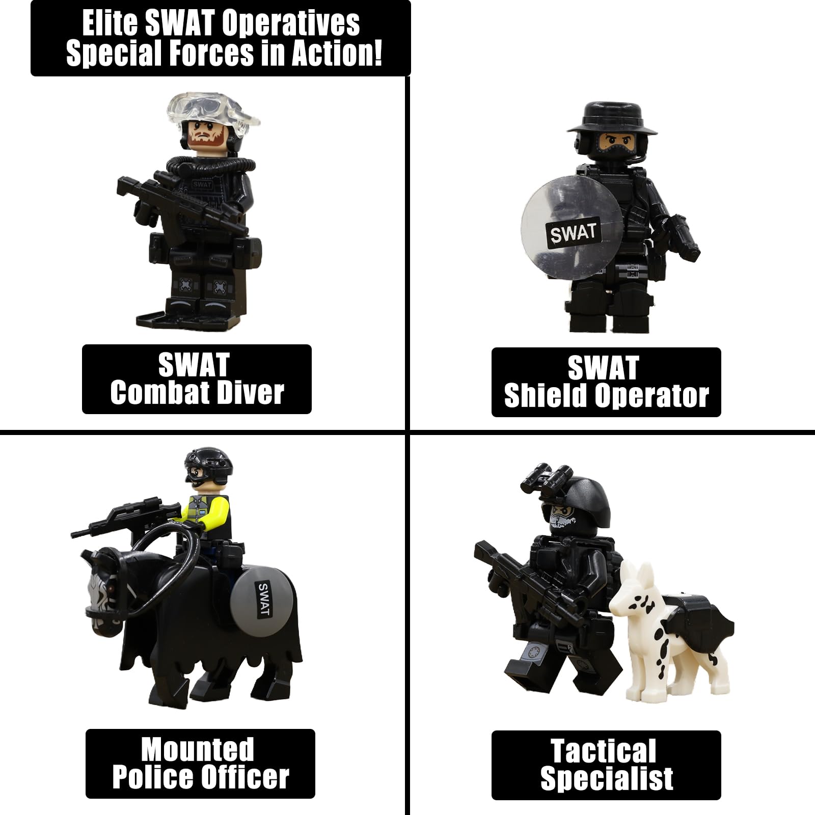 Koowants SWAT Set with 12 SWAT Officers, 2 Mounted Police with Horse – 1 Helicopter, 1 Armored SWAT SUV Vehicle,and 2 Motorcycle,Safe & Durable ABS – Great Gift for Kids, Boys, and Collectors 4