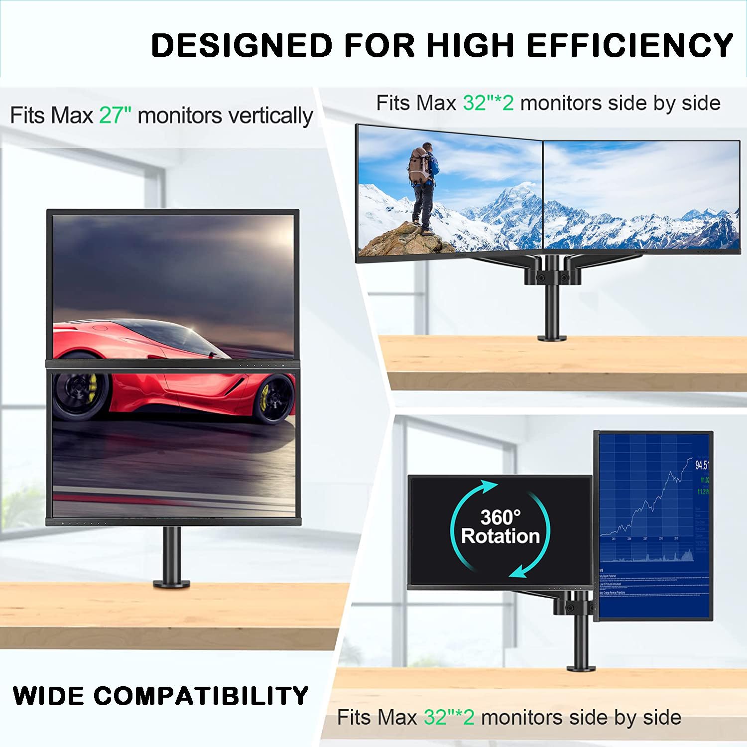 Dual Monitor Stand, Height Adjustable, Pneumatic Dual Monitor Arm Mount for 17 to 32 inch Screens, Full Articulating Tilt, Heavy Duty VESA Stand with Desk C-clamp and Installation Tools 4