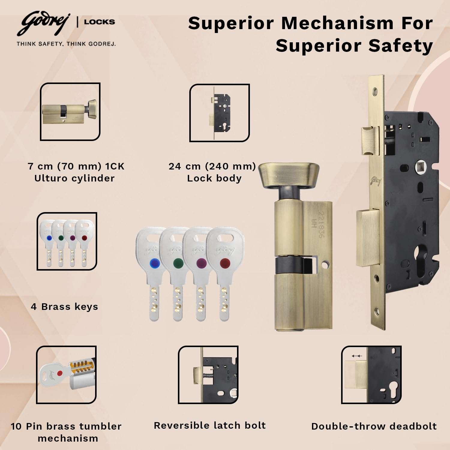 Godrej Mortise Lock|Handle Lock Set for Main & Bedroom Door|HDH 12 Brass Home Décor Handle|Satin Steel Finish|10 inch Lockbody|60 mm Cylinder Key Outside& knob from Inside 4 Keys |5 Years Warranty 4