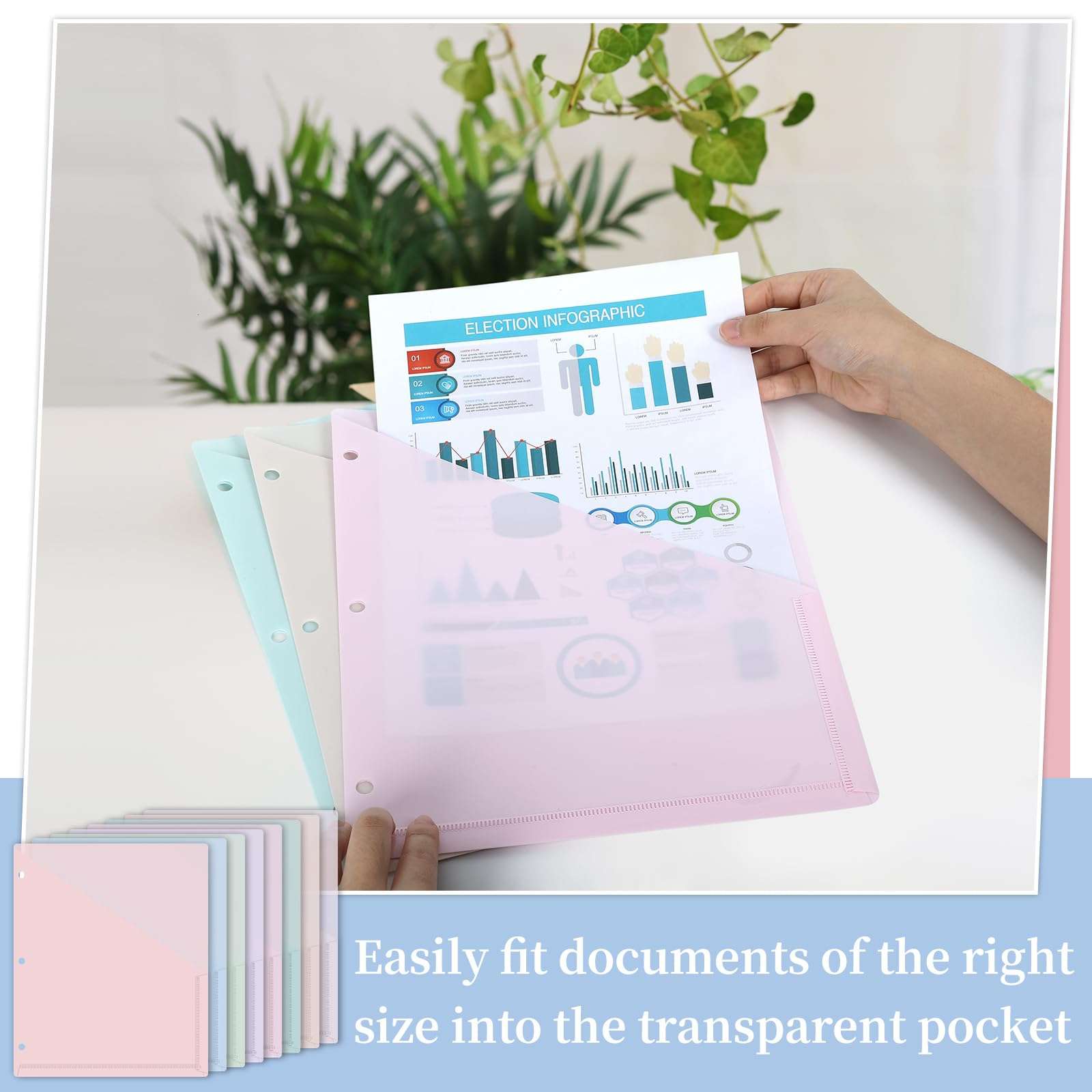 48 Pack Binder Pockets for 3 Ring Clear Pocket Divider Folders for 3 Hole Binders Sleeves Plastic Slash File Jacket for Office School Classroom Business Home Organizer, 9.25" x 11.22" (Pastel) 5