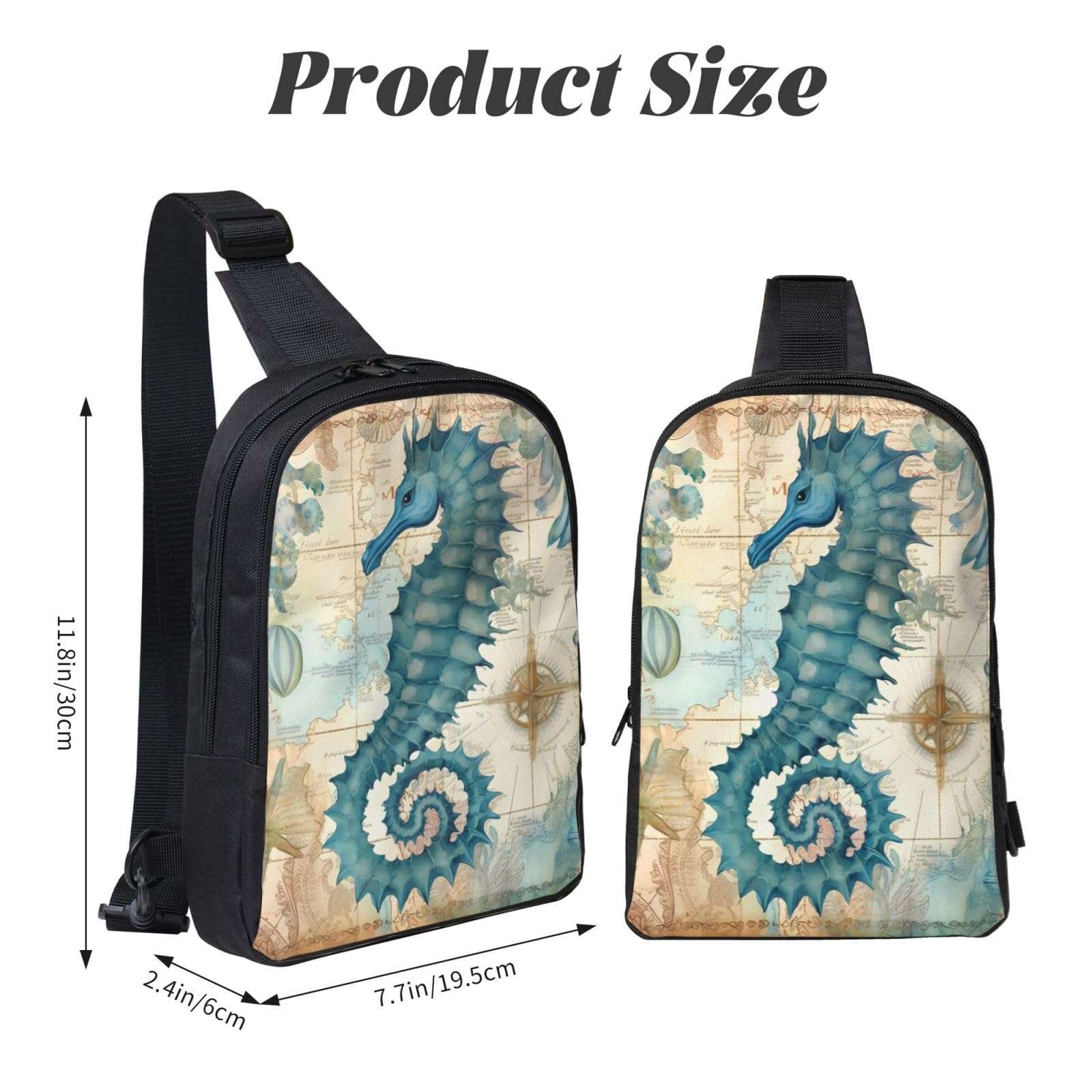 Seahorse Compass Map Casual Crossbody Backpack Sea Animals Sling Bag Lightweight Chest Bag Daypack Adjustable Shoulder Bag For Men Women Travel Hiking Outdoor 3