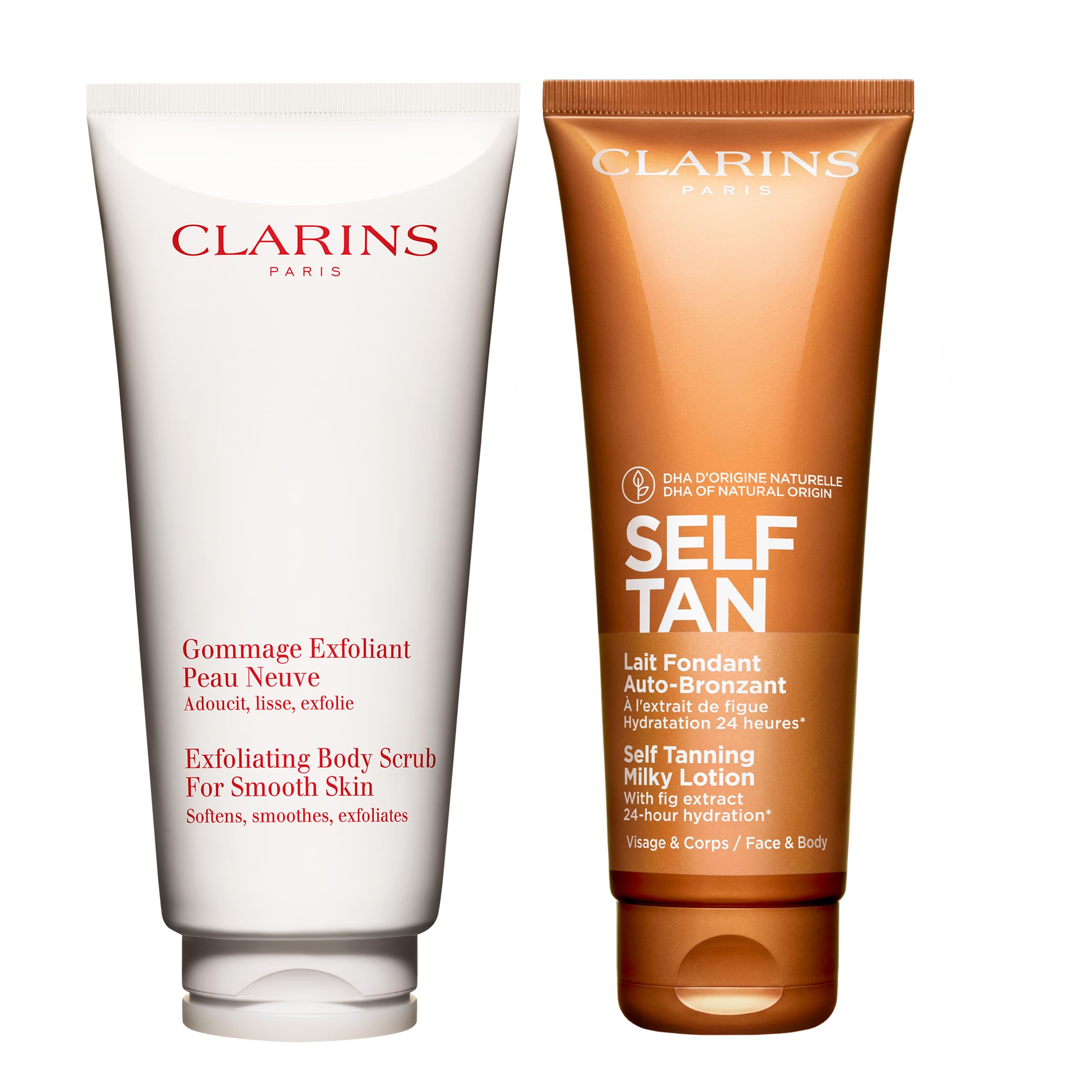 Clarins Self Tanning Milky Lotion and Exfoliating Body Scrub for Smooth Skin Bundle | Self Tanner for Face and Body | Buildable Tan | Softening and Smoothing Body Scrub | All Skin Types 1