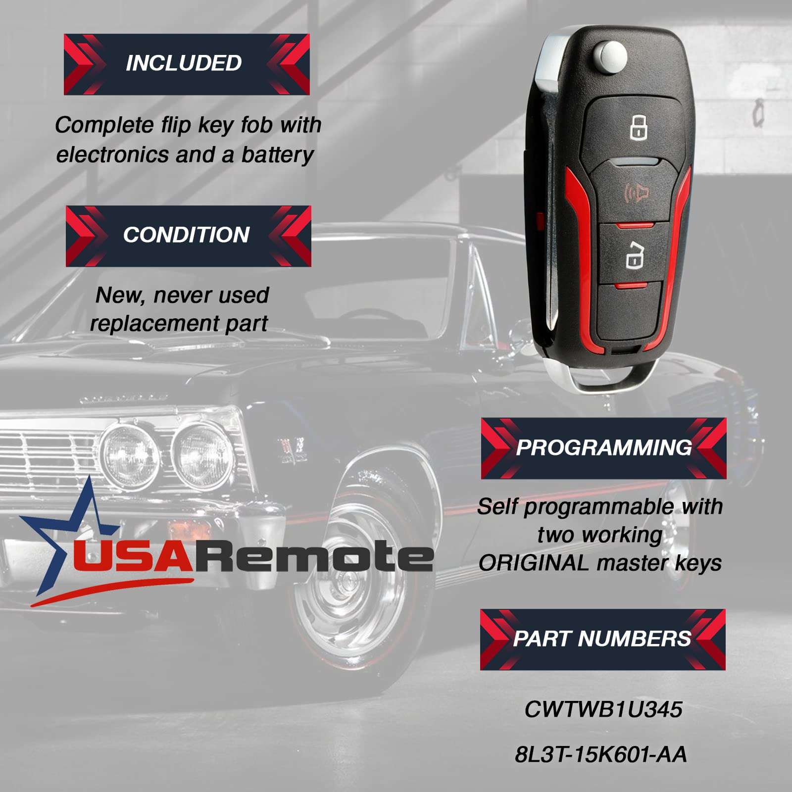 Replacement for 1998-2016 Ford Lincoln Mercury Mazda 3-Button Keyless Entry Remote Flip Key CWTWB1U345 CWTWB1U212 CWTWB1U331 One 4