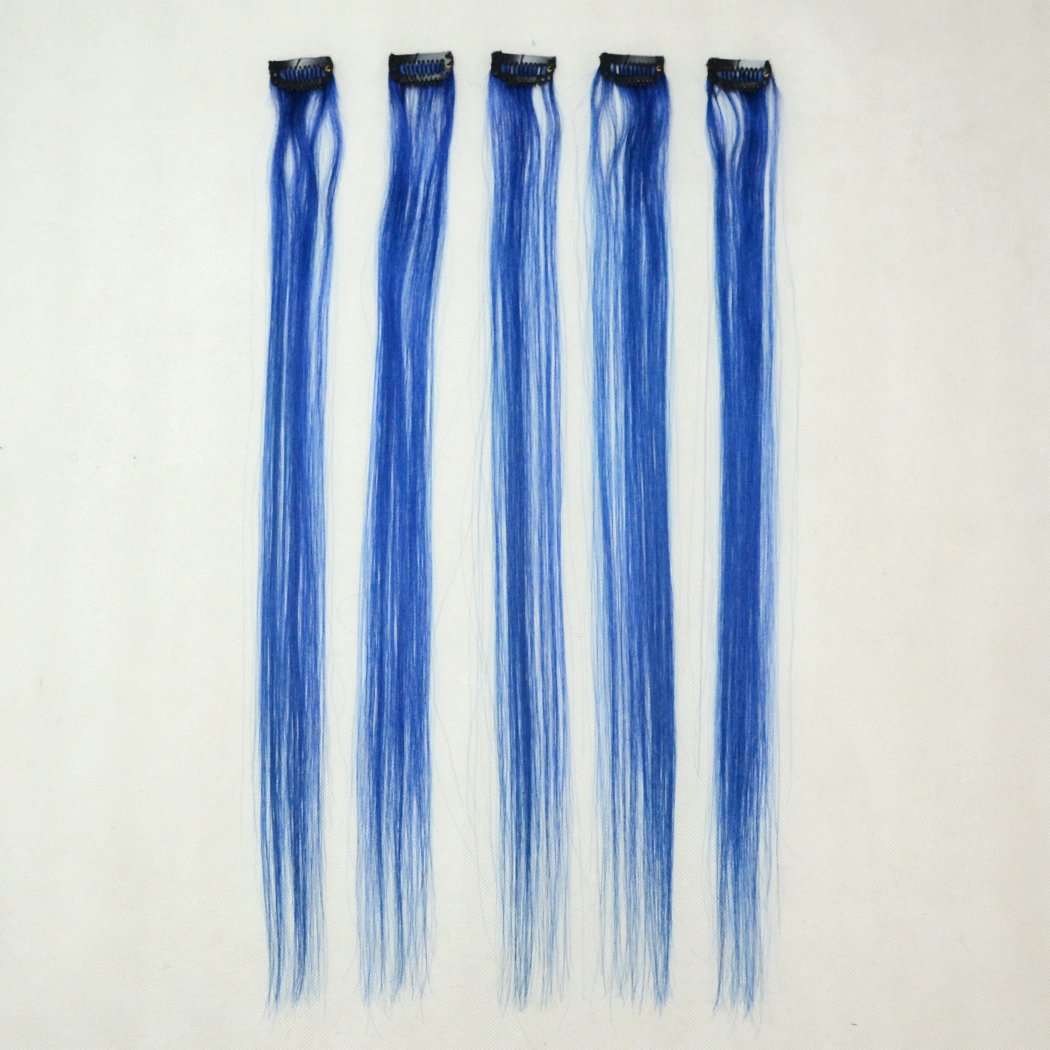 Luwigs 18inches Blue Clip in Hair Extensions Straight 100% Human Virgin Hair Fashion Hairpieces for Party Highlight 5pcs/set (18 inches, Blue) 6