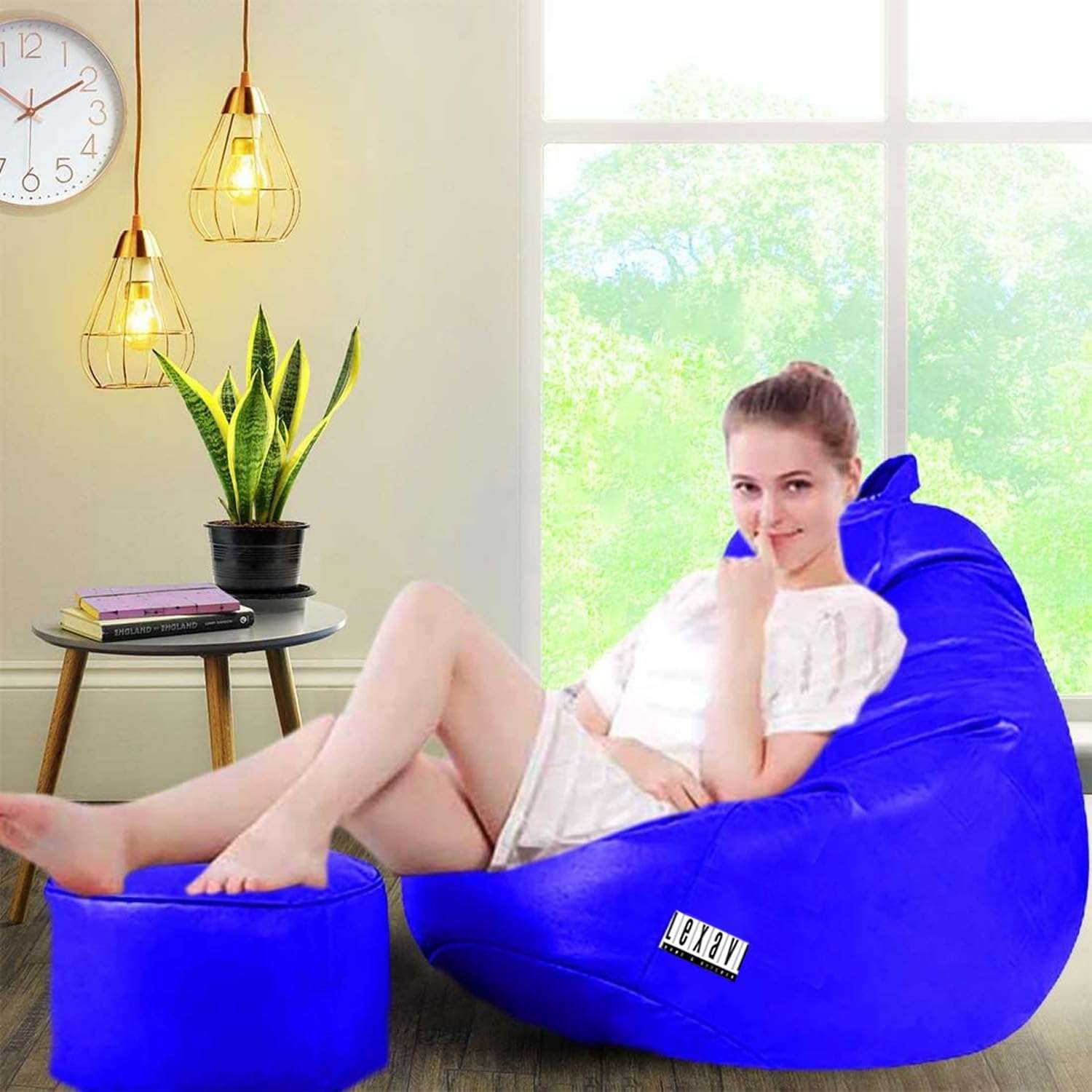 LEXAVI Brand Origial Faux Leatherette| 6 Month Warranty | Quality 4XL Bean Bag with Footrest & Comfy Cushion Filled with Beans (Ready to Use) Special for Corporate & New Year Gifts (Royal Blue) 1
