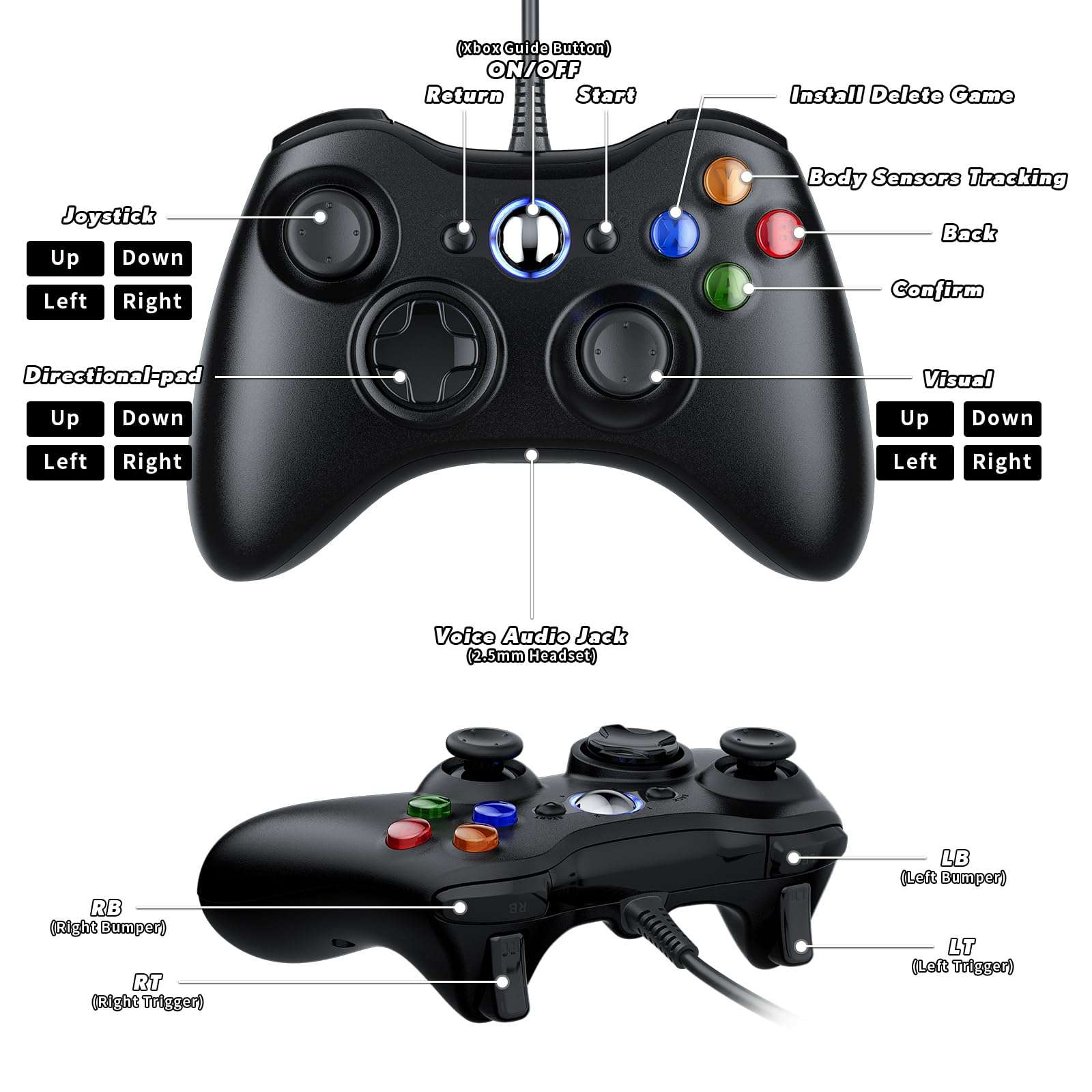 LENISUOLE Wired PC Controller for Xbox 360, Wired Controller Compatible with Microsoft Xbox 360 & Slim/PC Windows 10/8/7, with Upgraded Joystick, Double Shock | Enhanced 4