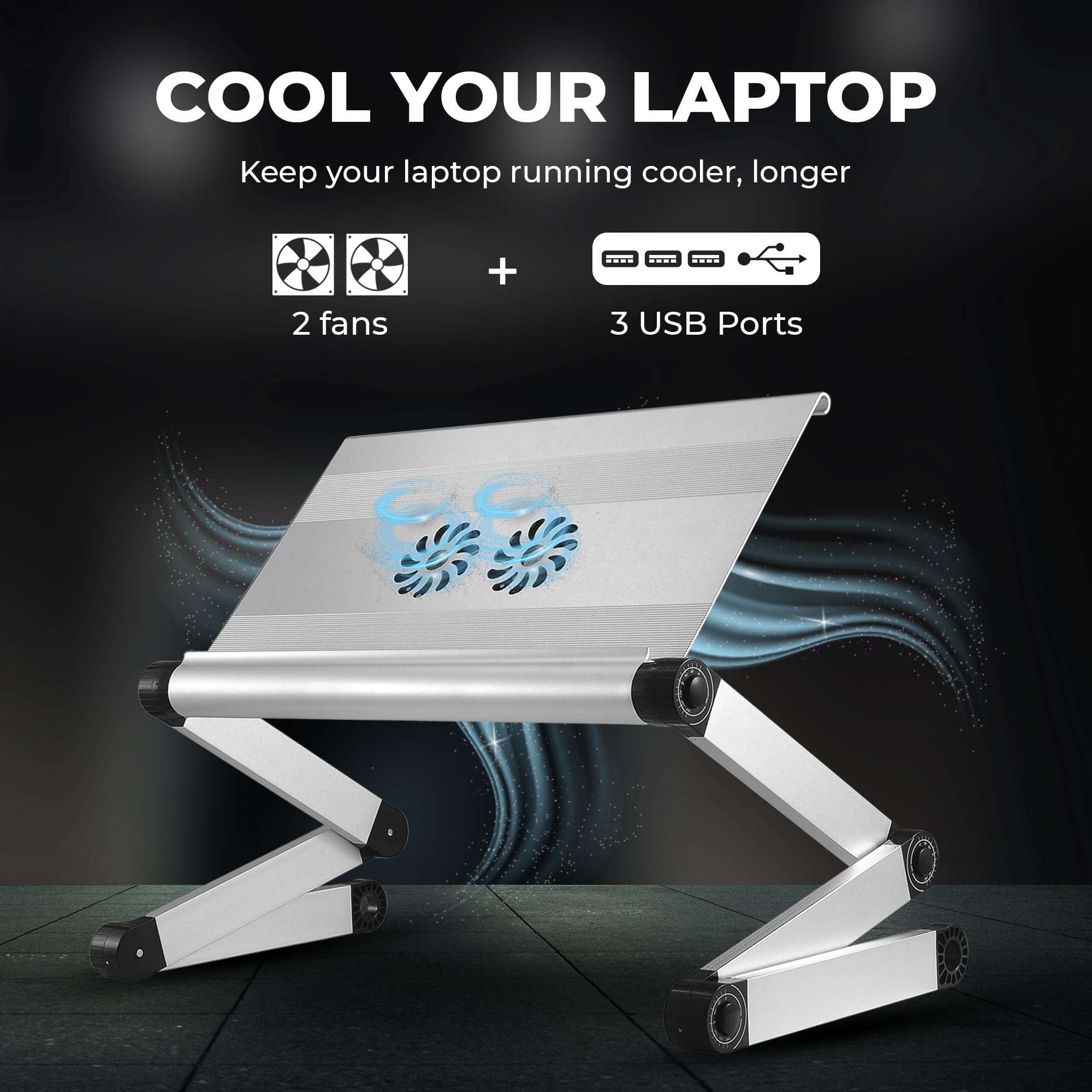 WorkEZ Cooling Adjustable Laptop Stand for Desk w/Fan USB Ports Mouse Pad Ergonomic Foldable Laptop Stand Riser Portable Computer Holder, Silver 6