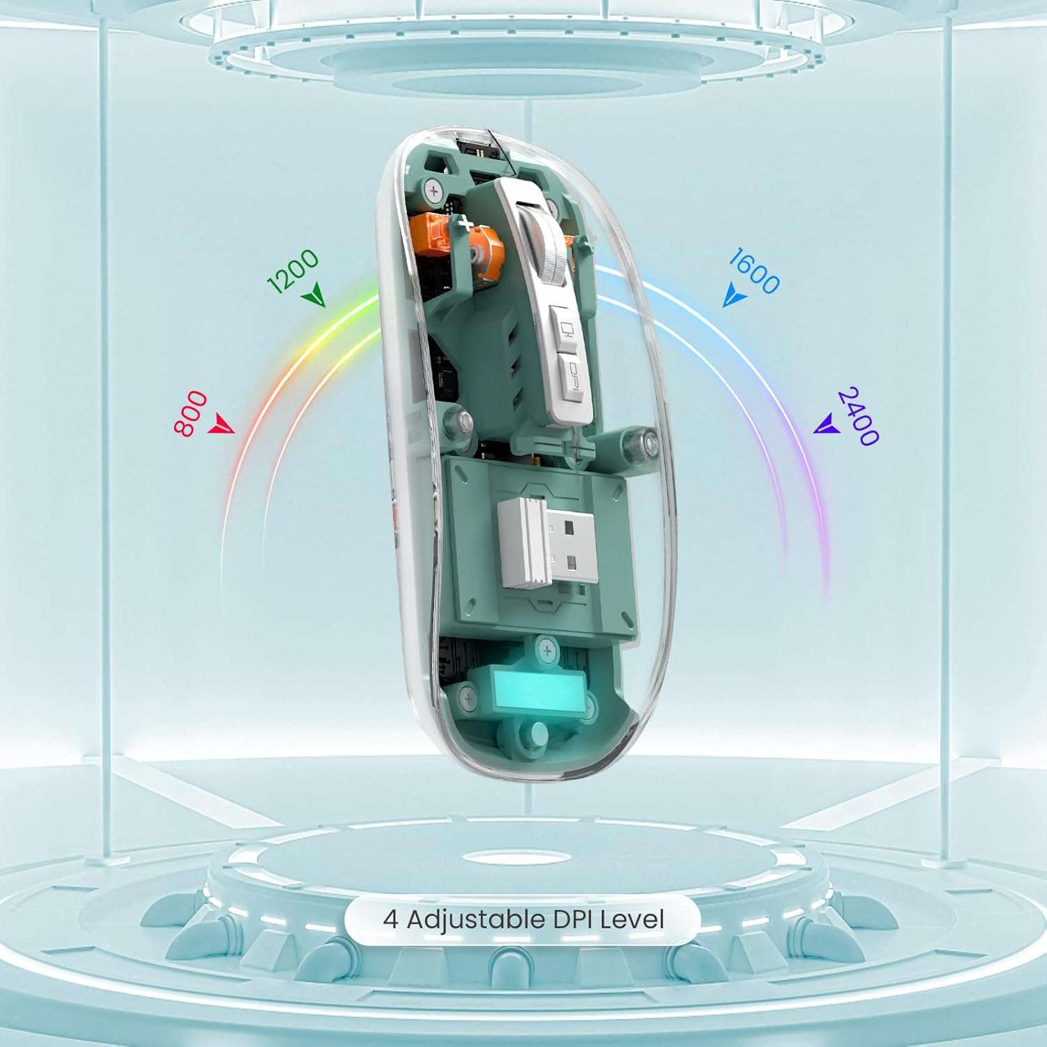 MICROWARE Wireless Transparent Mouse for Computer,Bluetooth Mouse Rechargeale,Power Display,DPI,Shortcut, Bluetooth5.1 + 2.4GHz 2in1 Receiver(USB)-Compatible with Laptop/Mac/iPad/Chromebook 3