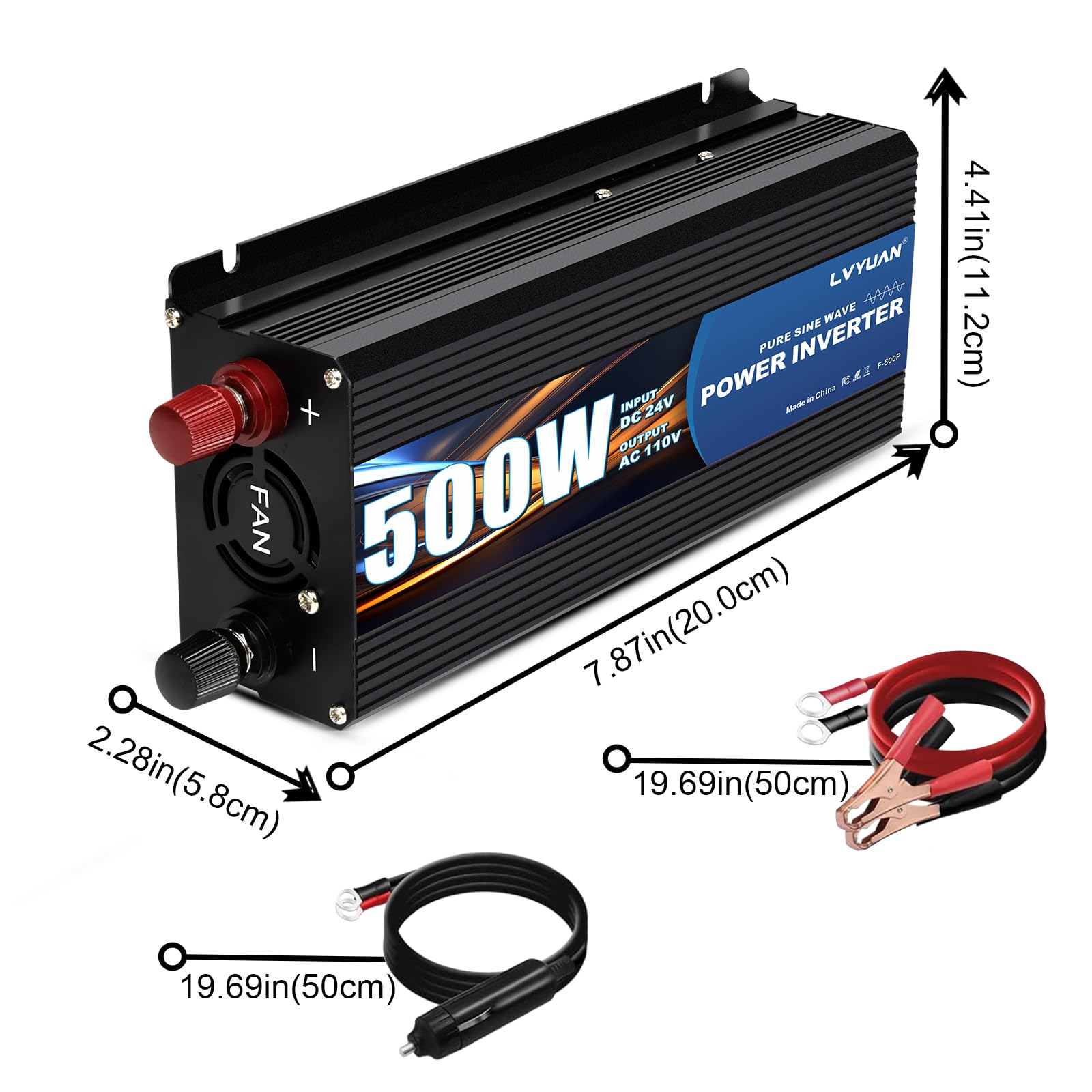 LVYUAN 500 Watt Pure Sine Wave Power Inverter 24V to 110V/120V DC to AC Converter with Dual Sockets, Dual USB Ports, LED Display for Home Outdoor RV Car Power Inverter Power Adapter 4