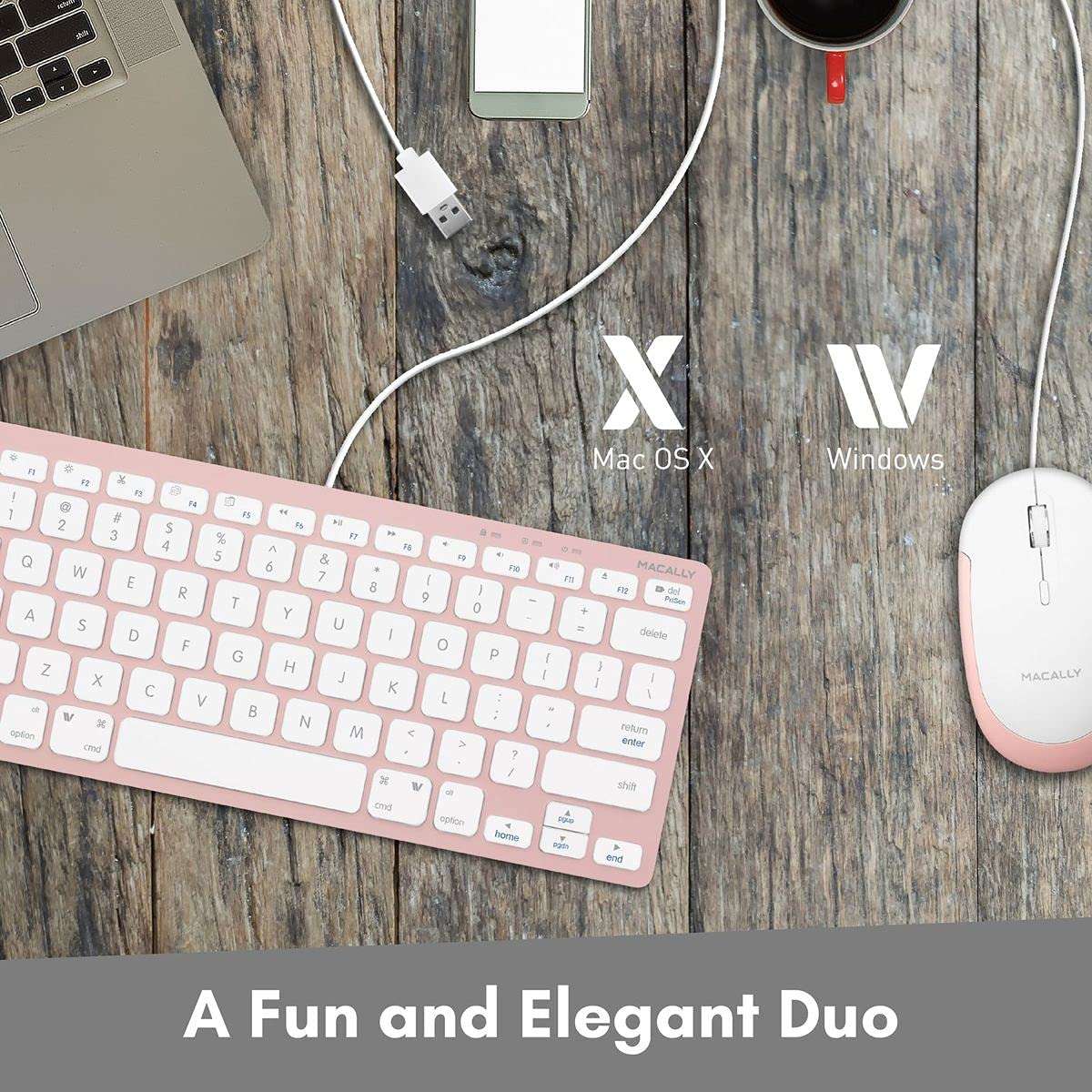 Pink Keyboard and Mouse Combo, Macally Small USB Wired Keyboard and Mouse for Mac and PC Desktop - Improve Aesthetics and Save Space - Mac Keyboard and Mouse Combo with 78 Keys and Silent Buttons 2