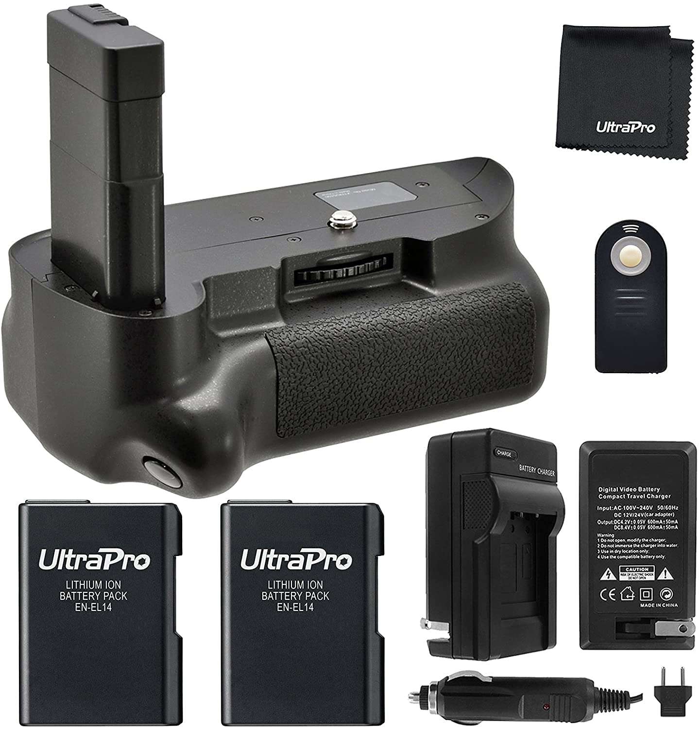 Battery Grip Bundle for Nikon D5300, D3300, D3200, D3100: Includes Vertical Battery Grip, 2-Pk EN-EL14 Long-Life Batteries, Charger, Remote, Microfiber Cleaning Cloth 1