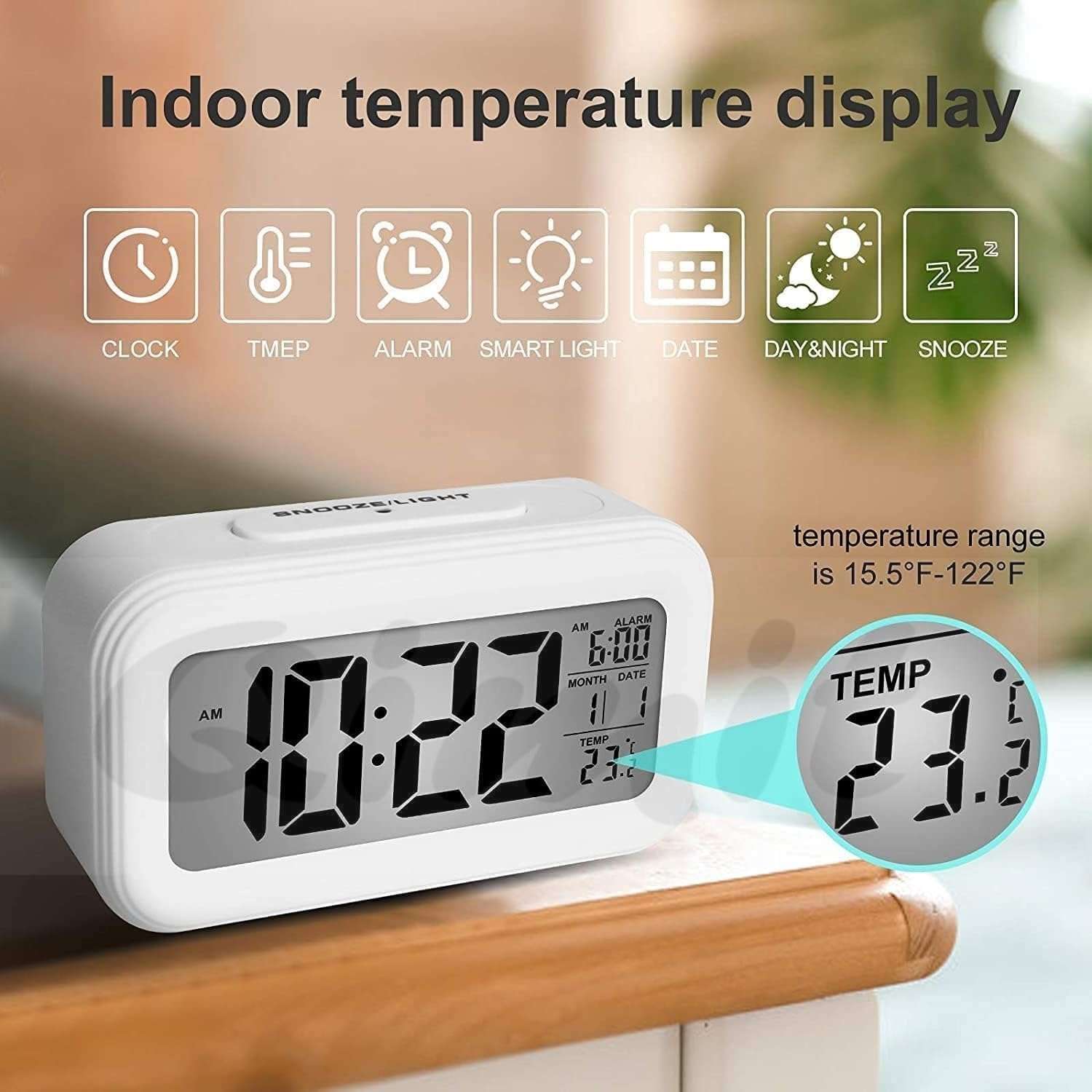 Reacher White Digital Alarm Clock Table Clock for Students, Home, Office, Corporate with Automatic Sensor, Date & Temperature 4
