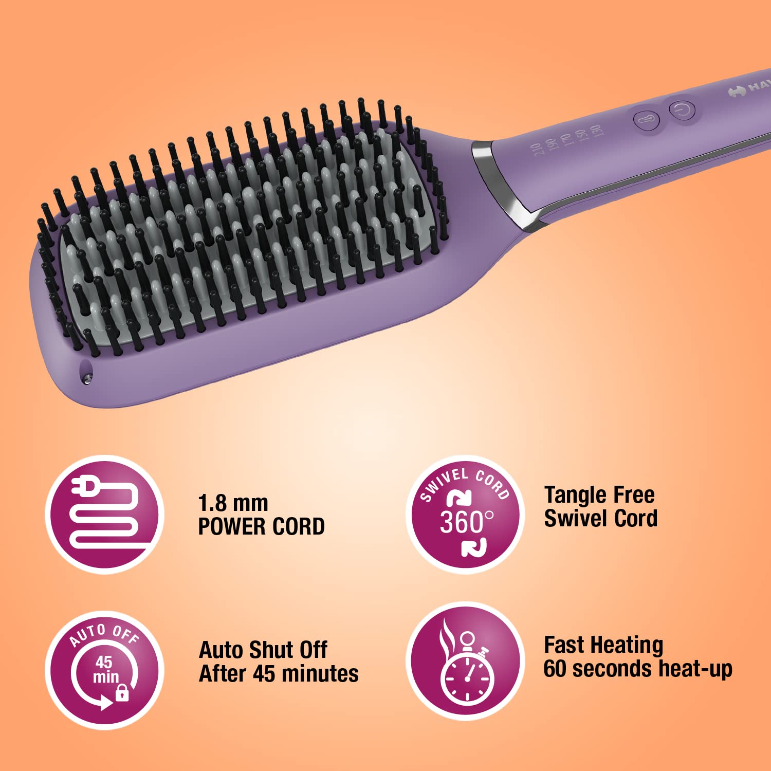 Havells HS4201 50 Watts Keratin Infused Hair Straightening Brush with Temperature Control, suited for all hair types, comes with Worldwide Voltage (Purple) 6