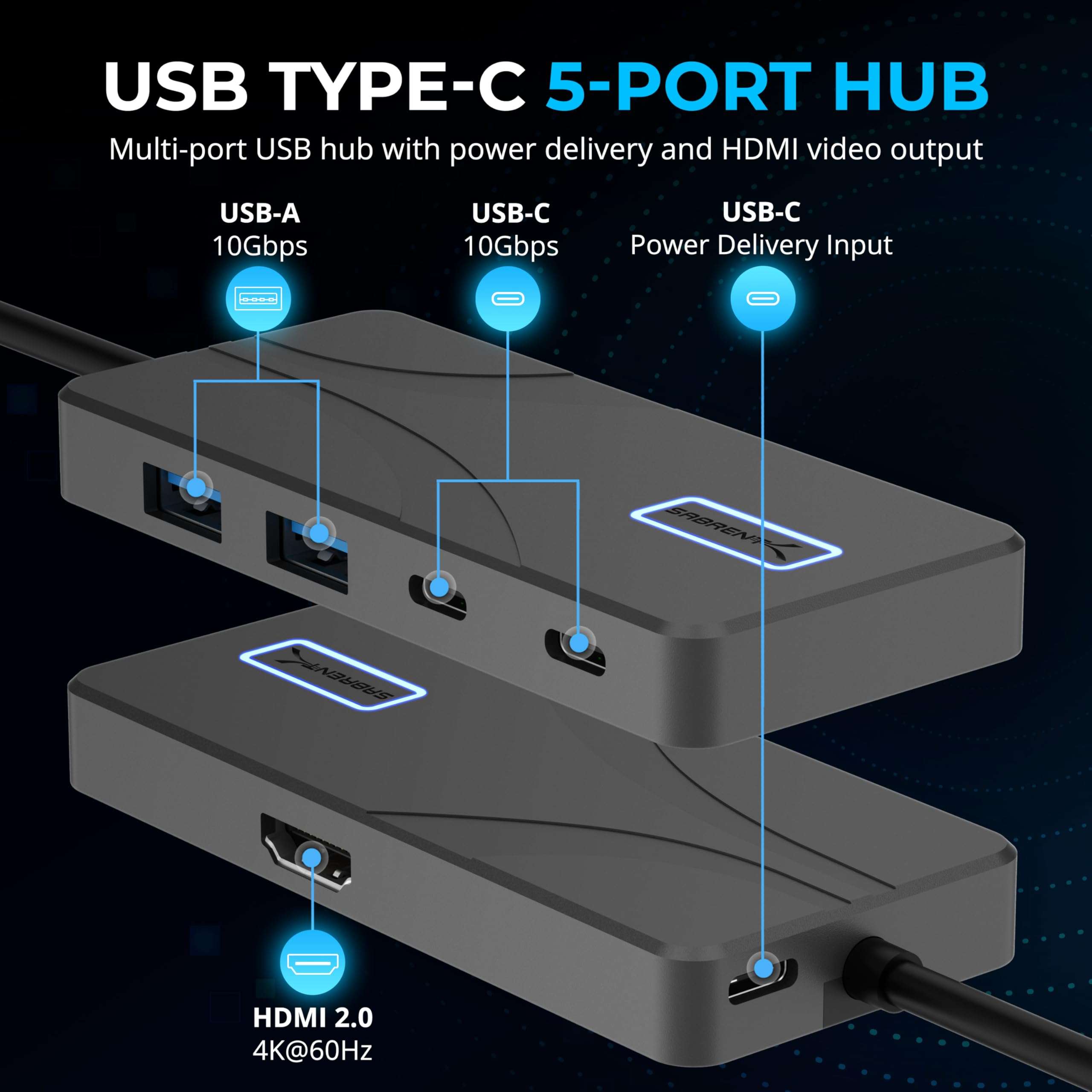 SABRENT USB Type-C 5-Port Hub with 10Gbps USB 3.2 Ports, 4K HDMI Output, 80W Power Delivery, 2X USB-A, 2X USB-C, Portable Docking Station for Laptops Tablets Smartphones, HDR/HDCP Support (HB-TG5P) 3
