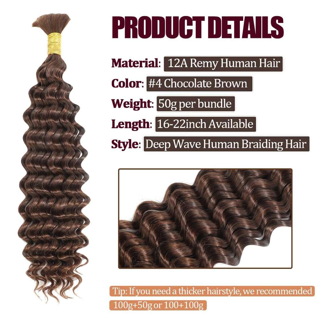 Leruikair Color 4 Chocolate Brown Deep Wave Bulk Human Braiding Hair 50g Per Bundle 2 Pcs Total 100g 20 Inch Brazilian Virgin Bulk No Weft Braiding Human Hair for Black Women 4
